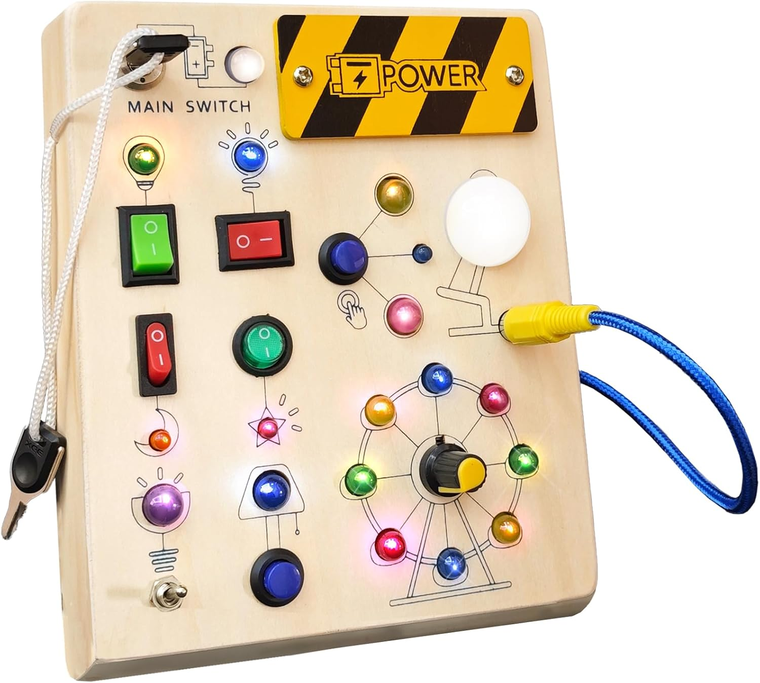 PELOSTA Busy Board Montessori Toys for 1-3 Year Old,Wooden Toddler Toy with LED Light up Switch,Autism Sensory Travel Toys,Educational Toys for 18+ Months Baby, 1 2 3 Year Old Boys Girls Gifts image number 3