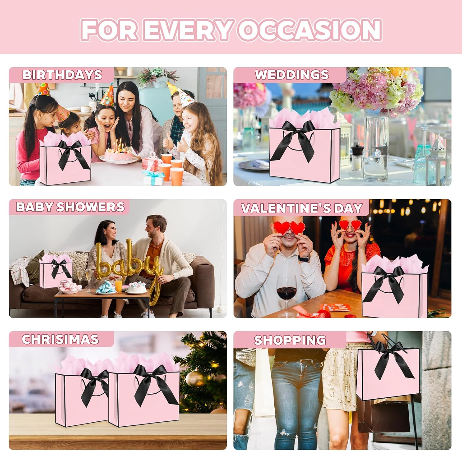 10 Pack Pink Black Bow Gift Bags with Handles, 32 X 25 X 11CM Large, Contains 20 Sheets Tissue Papers & 10 Greeting Cards for Wedding, Birthday, Valentine'S Day, Paper Bags