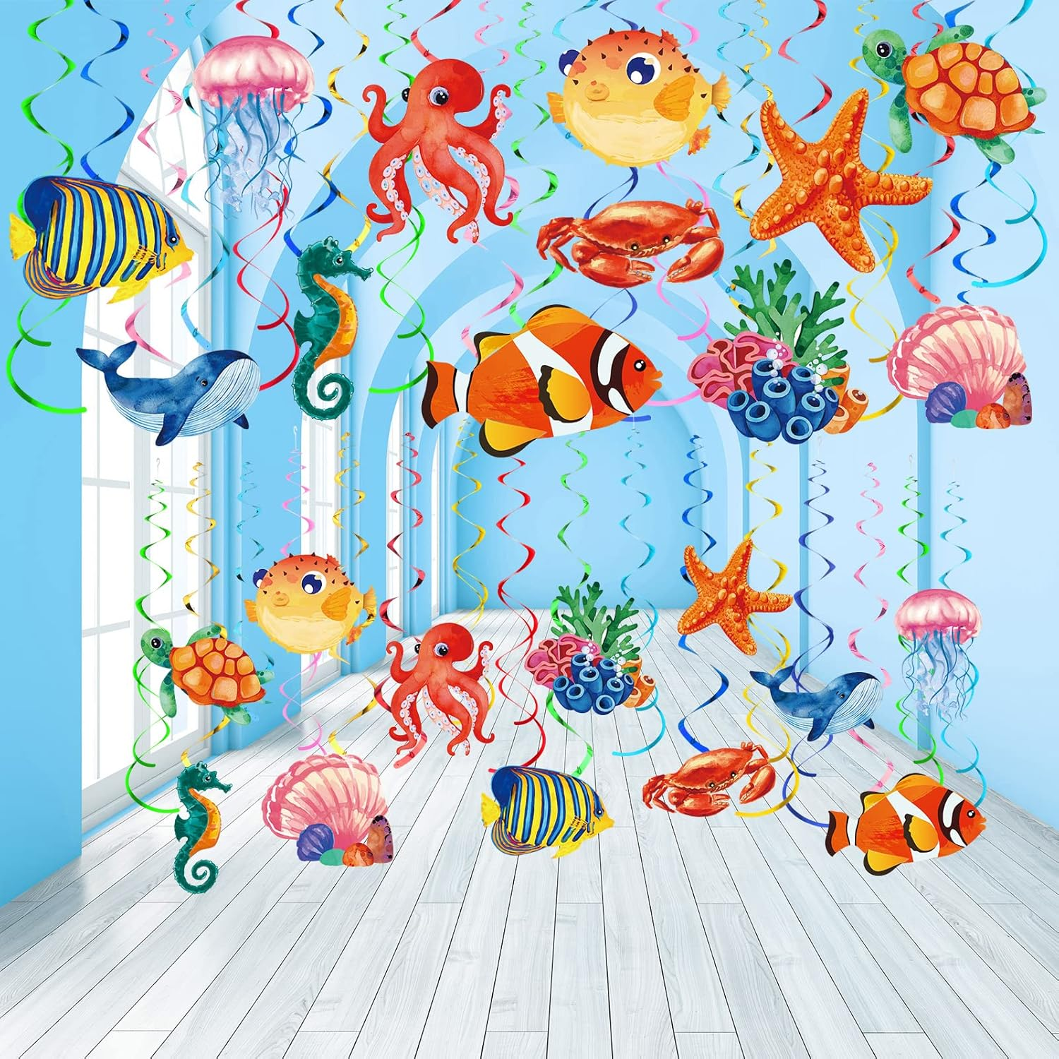 30 Pcs Tropical Fish Hanging Swirls under the Sea Party Decorations Ceiling Decor for Boys Girls Kids Ocean Themed Party Mermaid Creatures Baby Beach Party Supplies under the Sea Decor (Fish Style)