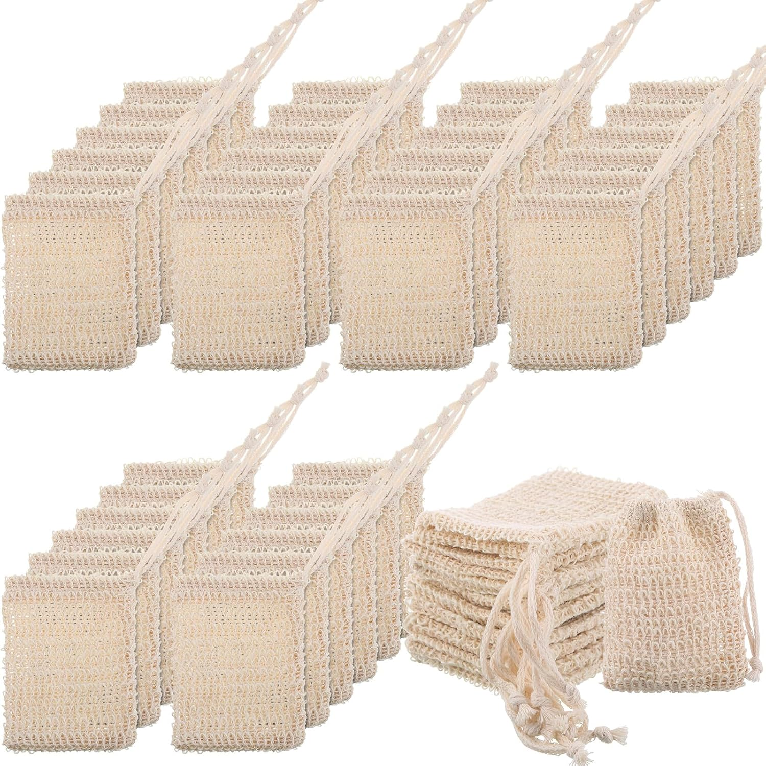 Rtteri 240 Pcs Soap Exfoliating Bag, Natural Sisal Soap Pouch Saver Body Shower Bar Mesh Body Net with Drawstring for Foaming and Drying image number 1