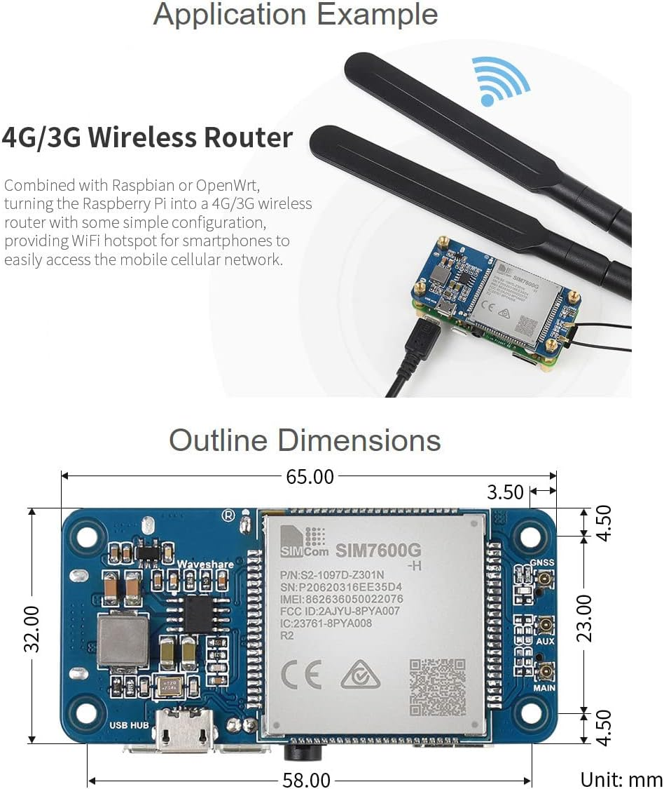 Waveshare SIM7600G-H 4G HAT (B) for Raspberry Pi LTE Cat-4 4G / 3G / 2G Support GNSS Positioning Global Band image number 1