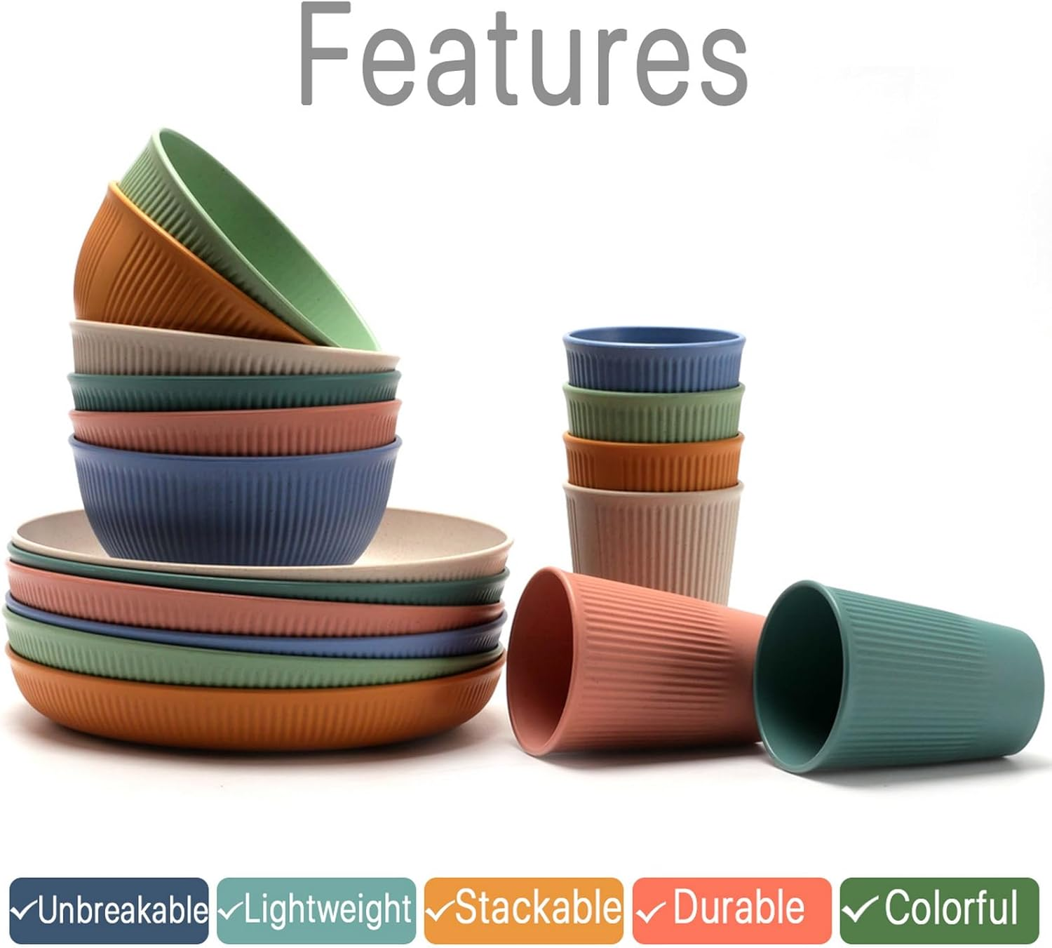 18Pcs Wheat Straw Dinnerware Serving Set for 6, Colorful Lightweight Plates Bowls Cups Sets, Unbreakable Reusable Plates, Microwave Dishwasher Safe, Perfect for Camping, Picnic, Outdoor Barbecue image number 5