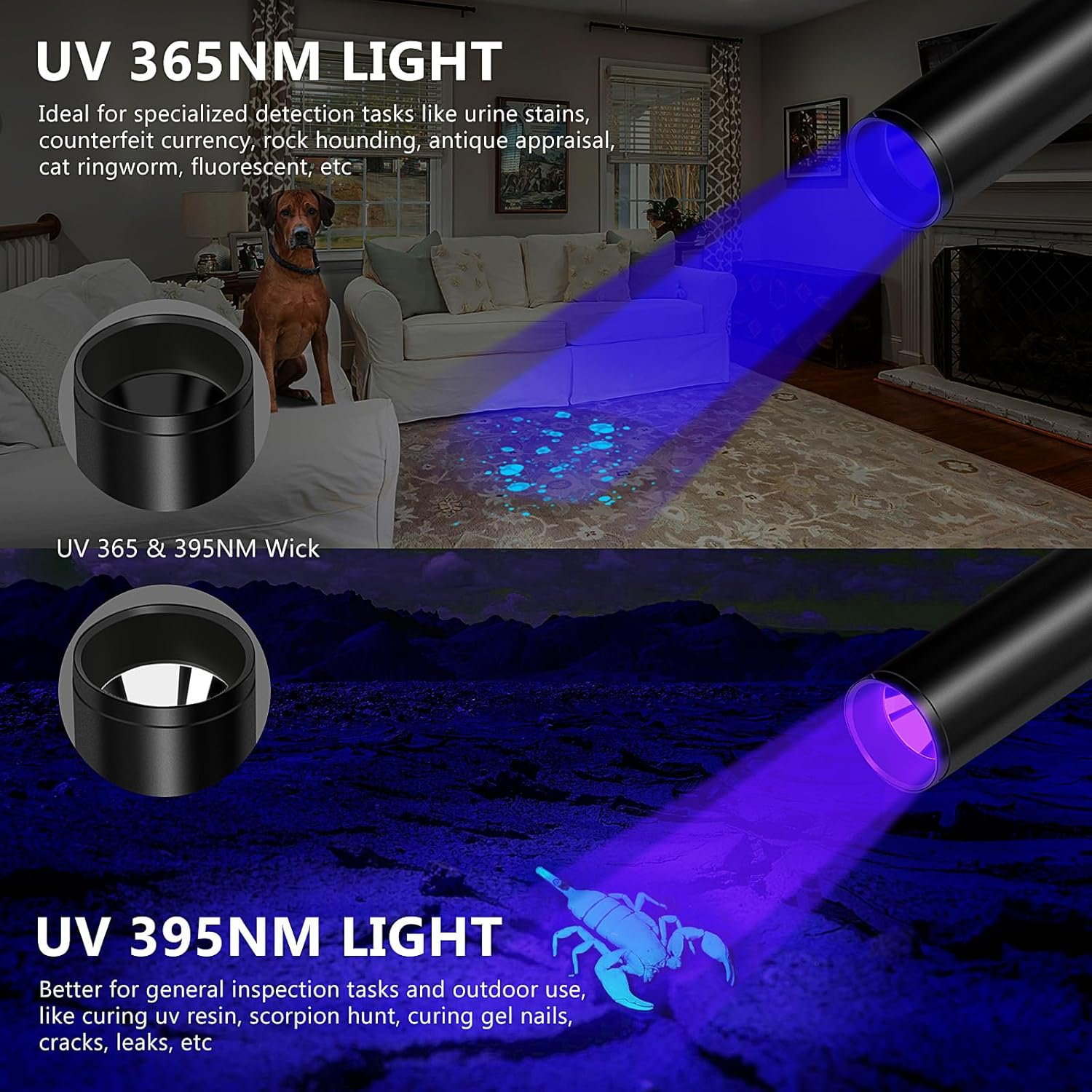 UV Torch 365 Nm & 395 Nm Black Light, Mini Strong Rechargeable UV Lamp, USB-C LED UV Light, Pet Urine Detector for Gel Nails, Resin, Amber, Uranium Glass, Scorpion, Money Checker, Set of 4 image number 6
