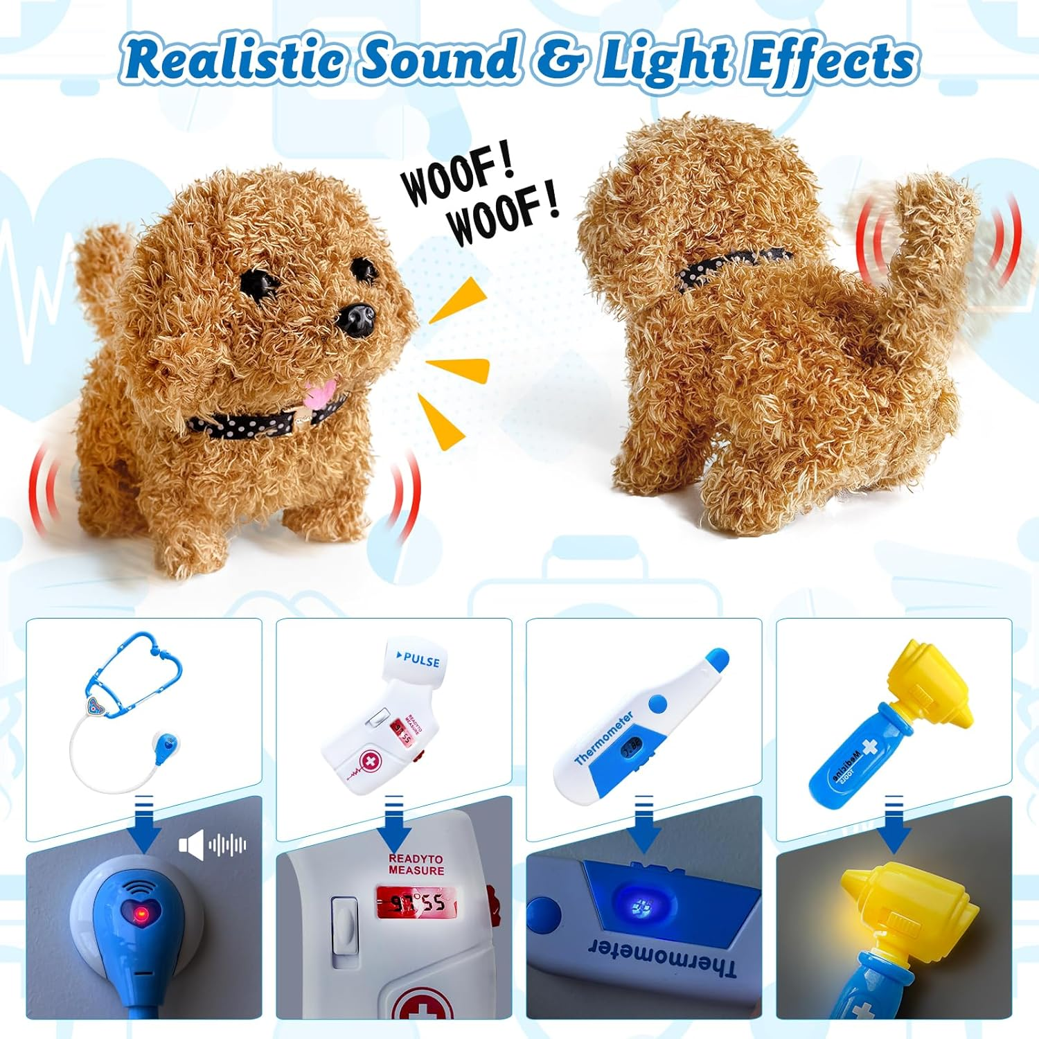 PELOSTA 34PCS Doctor Kit for Toddlers 3-5, Pretend Play Doctor Play Set with Dog Toy, Doctor Costume, Carrying Bag, Stethoscope, Dress up Toys for Kids Boys Girls Aged 3 4 5 6 7 8 (Blue) image number 3