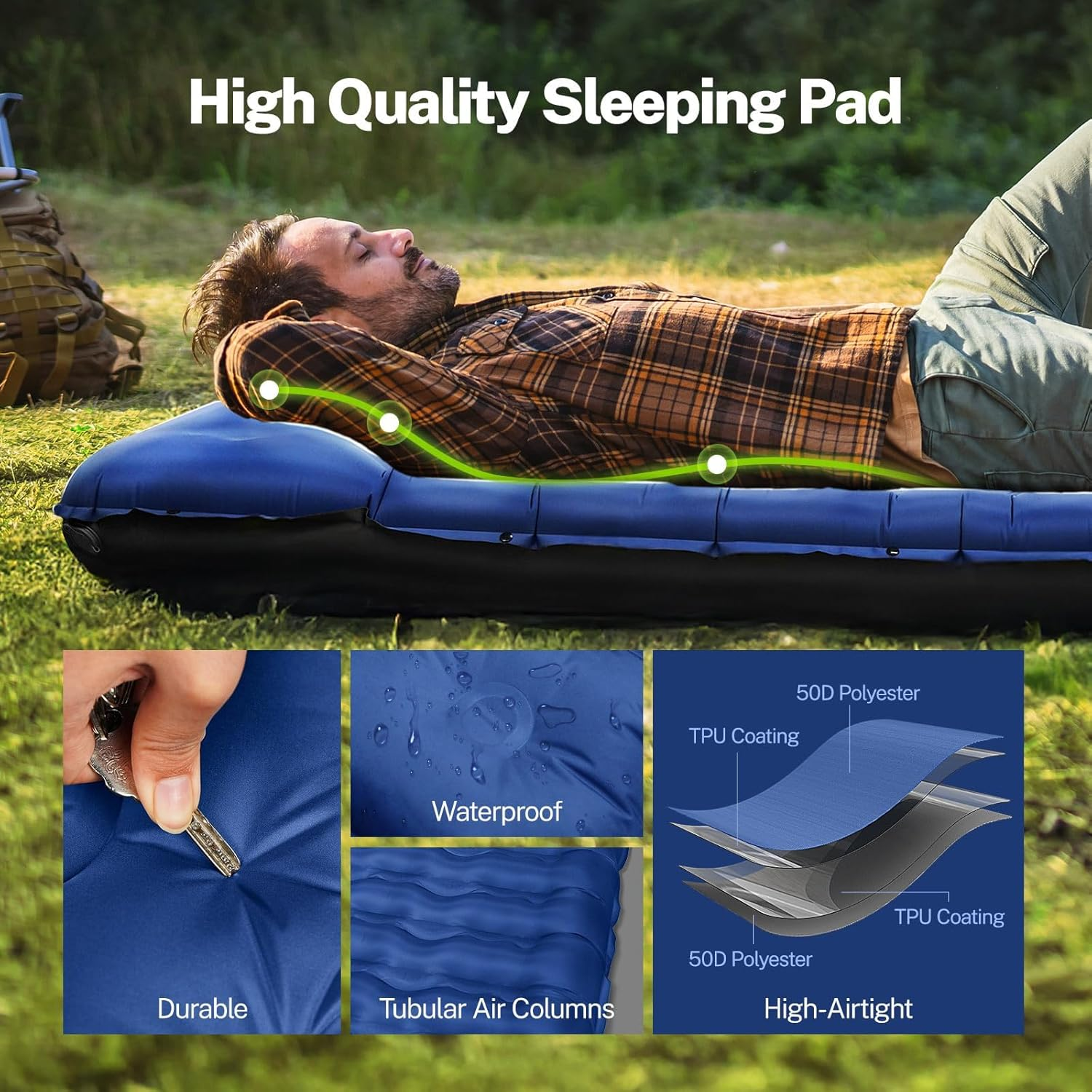 Double Sleeping Pad for Camping, 16 Cm Thick Self-Inflating Air Mattress， 2 Person with Pillow and Foot Pump Camping Sleeping Mat，Ultralight Mat for Backpacking, Hiking, Portable Camping Pad (Blue) image number 2