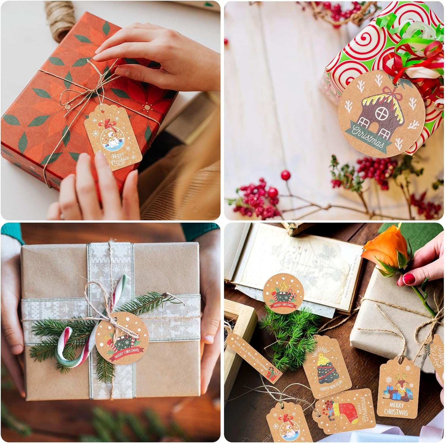 Hianjoo 110 Pcs Christmas Kraft Paper Gift Tags with Jute Twine, Xmas Gift Tags Parcel Tags Tree Present Hang Labels for DIY Homemade Holiday Present Wrap Stamp Label Package Name Tag, Golden