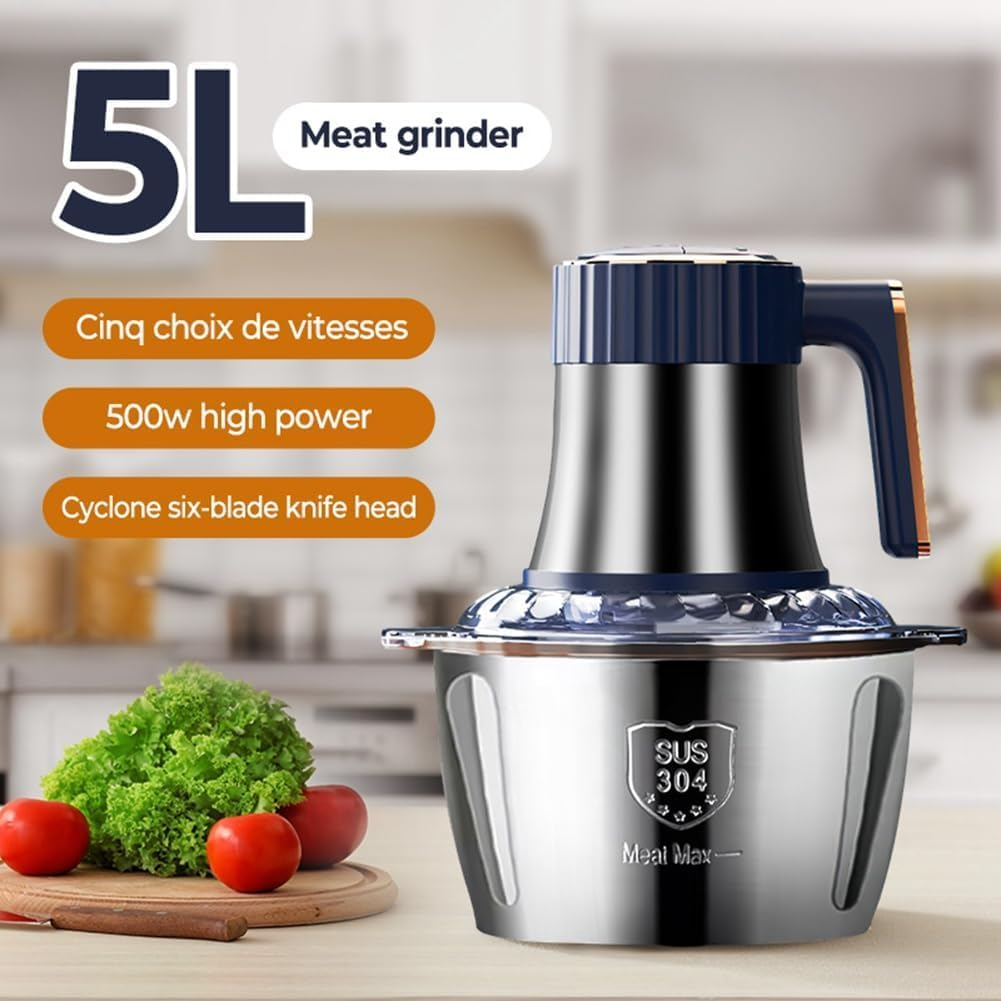 5L Stainless Steel Electric Meat Grinder Food Processor - Versatile Chopper for Meat, Vegetables, Baby Food, Fruits, and Nuts - 5-Speed Meat Chopper with 6 Sharp Blades for Home Use image number 5
