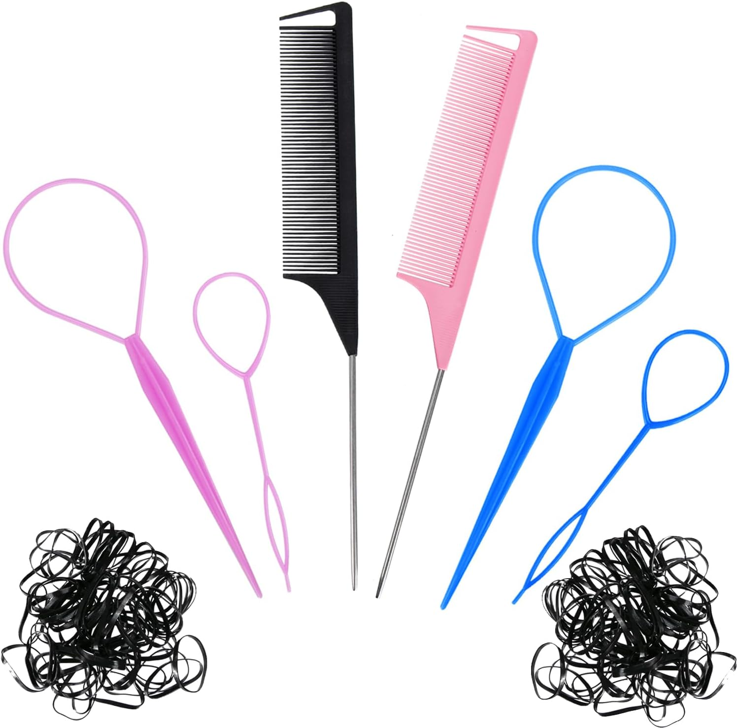 Acooruiteng Topsy Tail Hair Tool Hair Braiding Tool Hair Pull through Tool Topsy Tail Loop Topsy Tail Kit French Braid Loop Tool Hair Loop Styling Tool with Rat Tail Comb and Rubber Bands(6 Pcs) image number 2