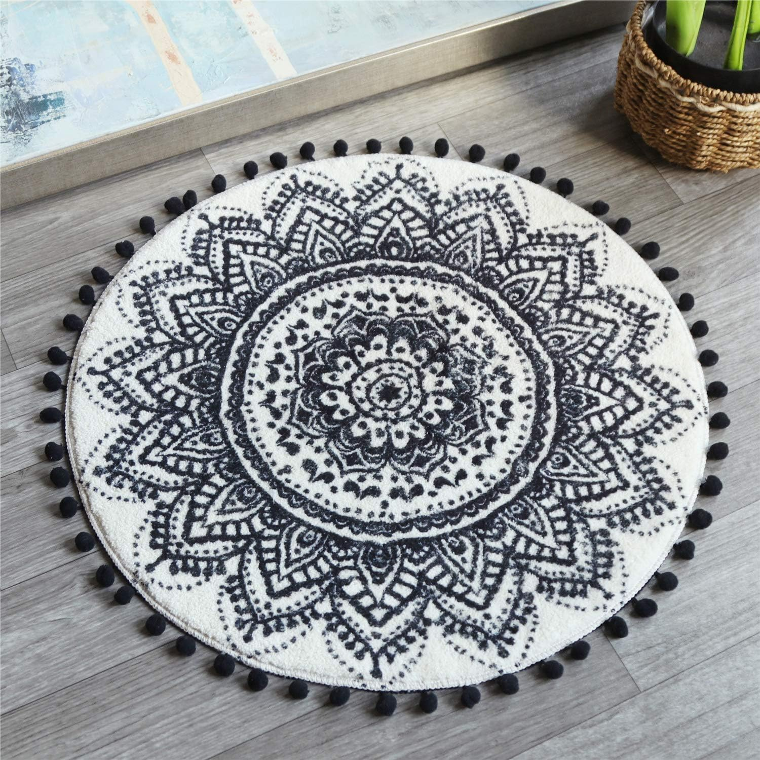 Uphome round Rug 5.3Ft Blue Circle Boho Rug with Pom Pom Fringe Machine Washable Non-Slip Sofa Floor Mat Soft Cute Blooming Mandala Carpet for Living Room Bedroom Kid'S Room Nursery