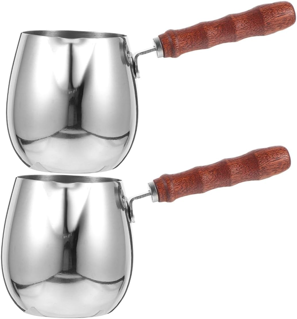 SEWACC 2Pcs Stainless Steel Turkish Coffee Pot with Wooden Handle 300Ml, Milk Warmer and Espresso Pot for Household and Camping Use, Small Coffee and Butter Melting Kettle image number 6