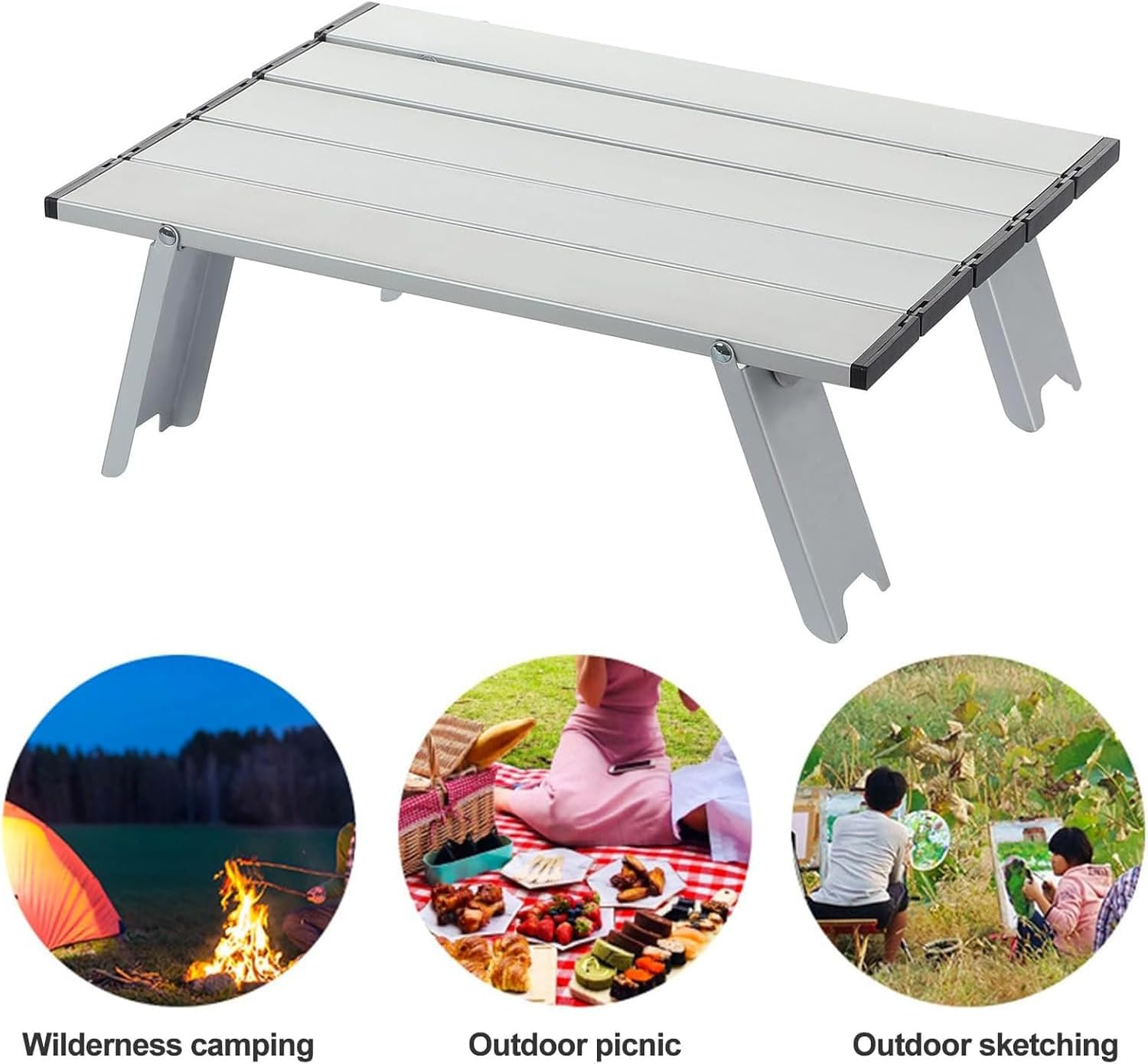 Table Outdoor Mini Small Camping Table, Portable Folding Beach Table Mini Camping Table Aluminum, Ultralight Picnic Table with Carry Bag for Outdoor Travel, Picnic, Car Camping, Beach (Silver)