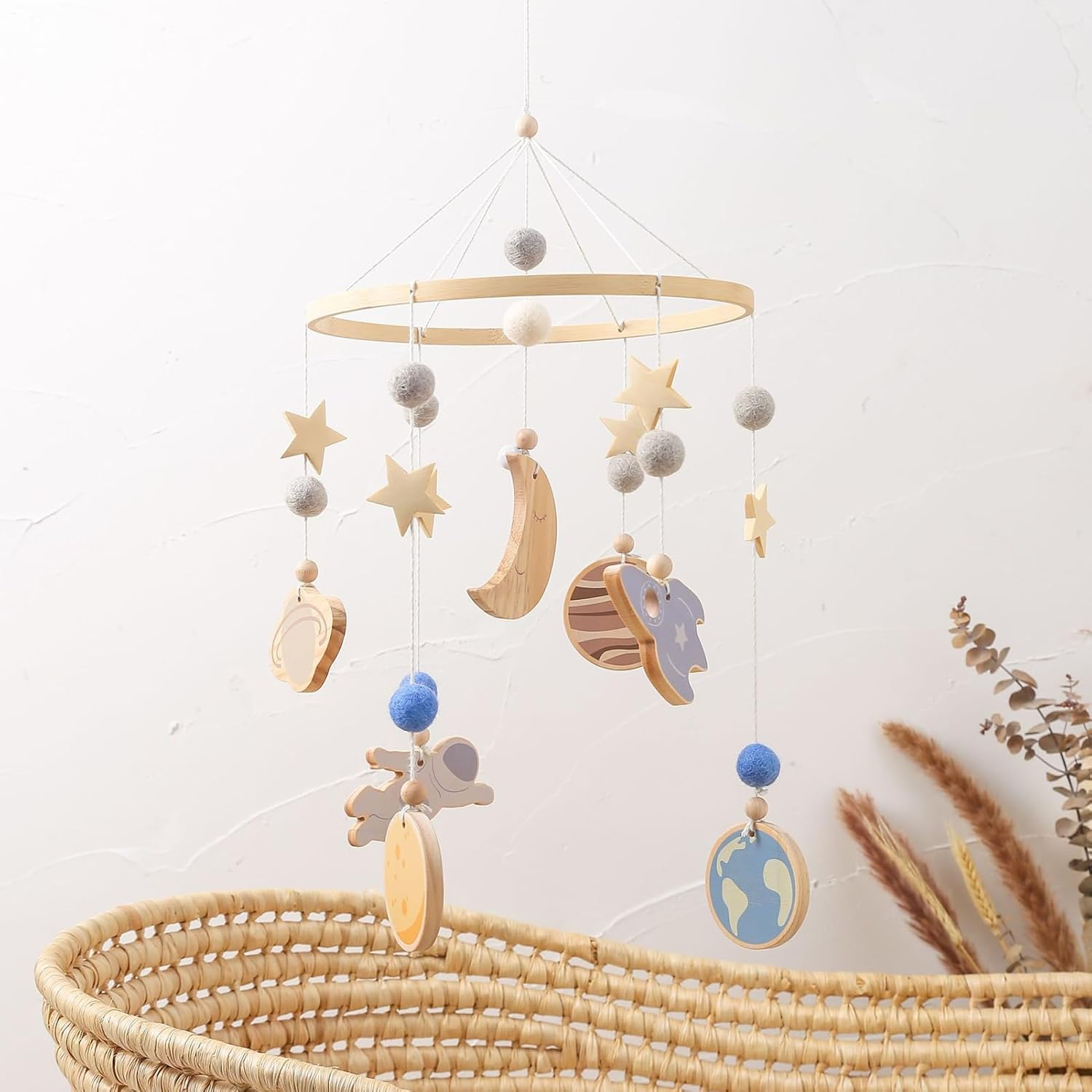 Crib Mobile | Suspension Wood Kids Pendent | Rotating 360 Degree Rotating Spaceship Planet Pattern Soothing Crib Mobile for Visual Stimulation Sleep Play Travel Night Nursery image number 2