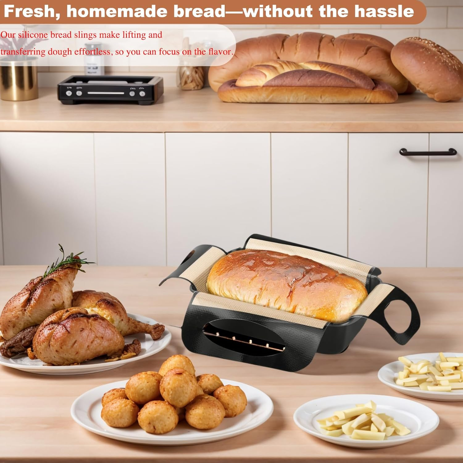 Silicone Bread Sling Liners for 9X5 or 1.5Lb Loaf Pans &ndash; Non-Stick, Heat-Resistant & Reusable Lifter Mats with 4 Handles for Easy Dough Transfer &ndash; Food-Grade, Easy to Clean &ndash; Set of 2 image number 5