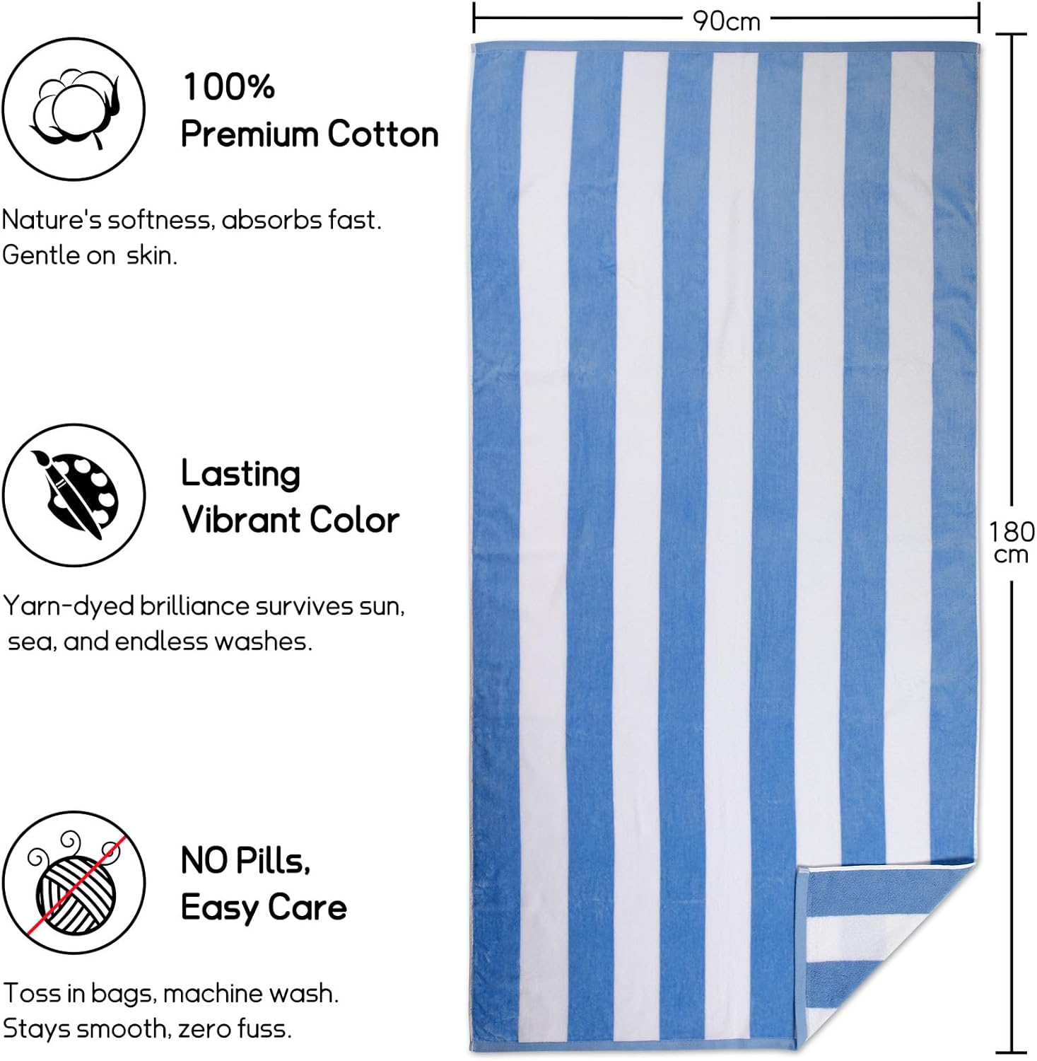 Ouxiaobai Cotton Oversized Beach Towel - 180 X 90 CM Striped Pool Towel, Soft Velour Cabana Swim Towel - Blue image number 6