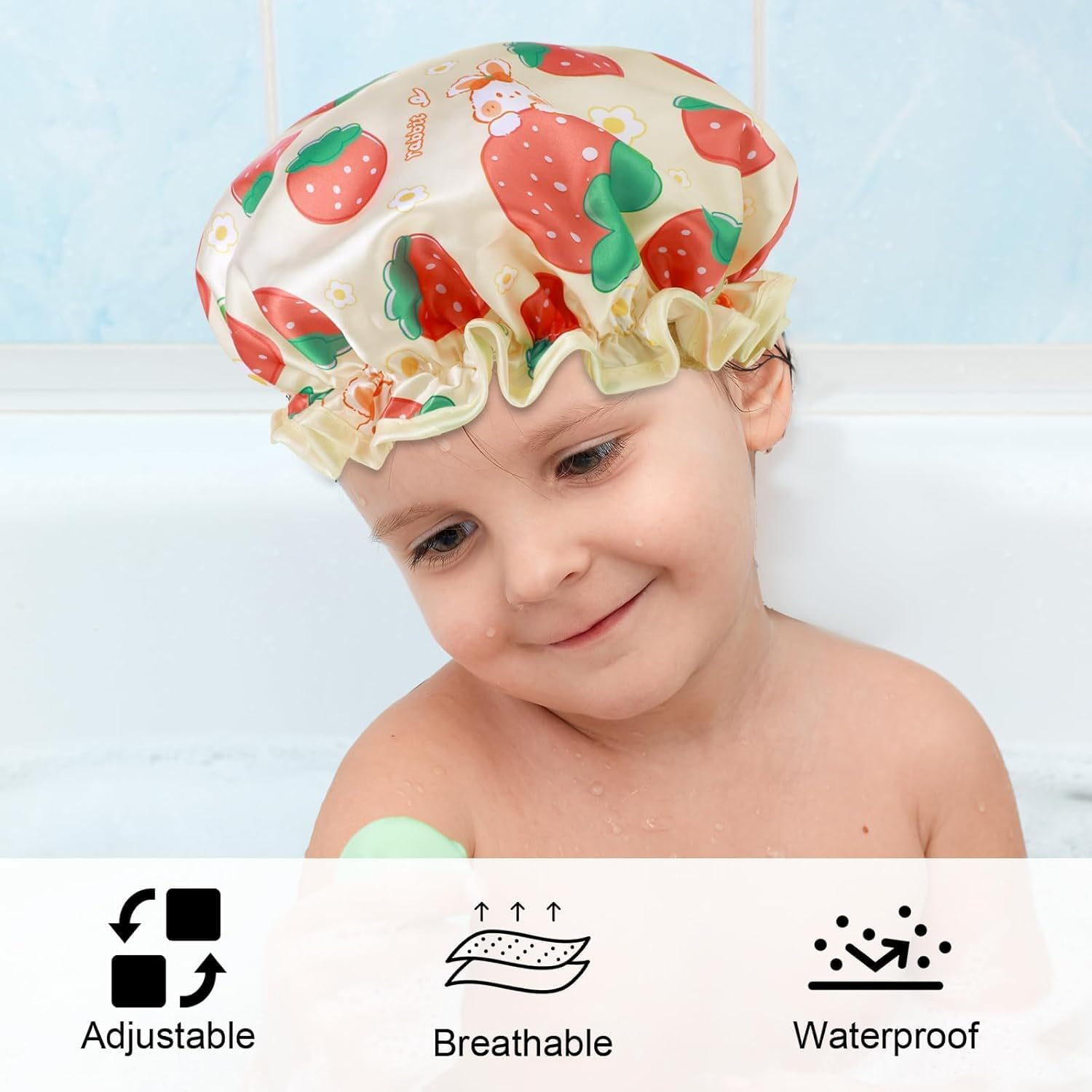 Kids Shower Cap & Shower Cap for Kids 2-Pack, Waterproof Double Layer Rabbit Design with Elastic Band, Reusable Bath Cap for Children - 2 Pieces (Purple + Yellow) image number 2