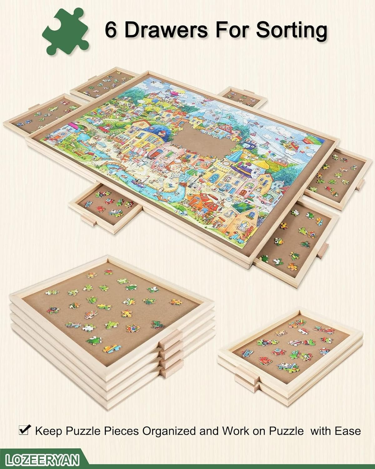 1500 Piece Rotating Puzzle Board with Drawers and Cover, 25"X34"Portable Wooden Jigsaw Puzzle Table for Adults Portable, Spinning Puzzle Boards Birthday Mom. image number 4