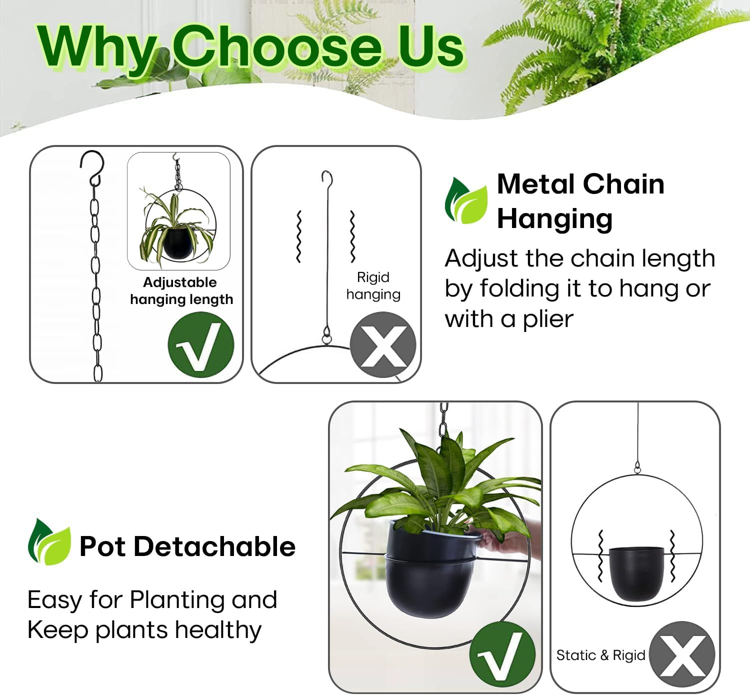 Shineloha Boho Hanging Planters for Indoor Plants with 5.5" Pot (Detachable) + Hook + Chain | Hanging Planters Indoor, Ceiling Planters, Mid Century Planter for Indoor & Outdoor, NO Plant Incld image number 4