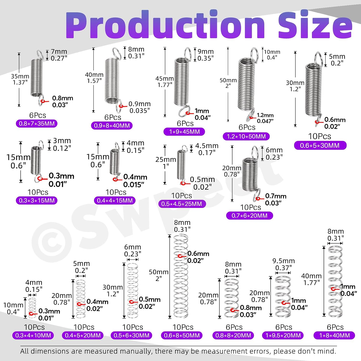 Swpeet 128Pcs 16 Sizes Stainless Steel Extension and Compression Springs Kit，Extension Spring with a Dual Hook Mechanical Springs Small Spring for Home Repairs image number 6