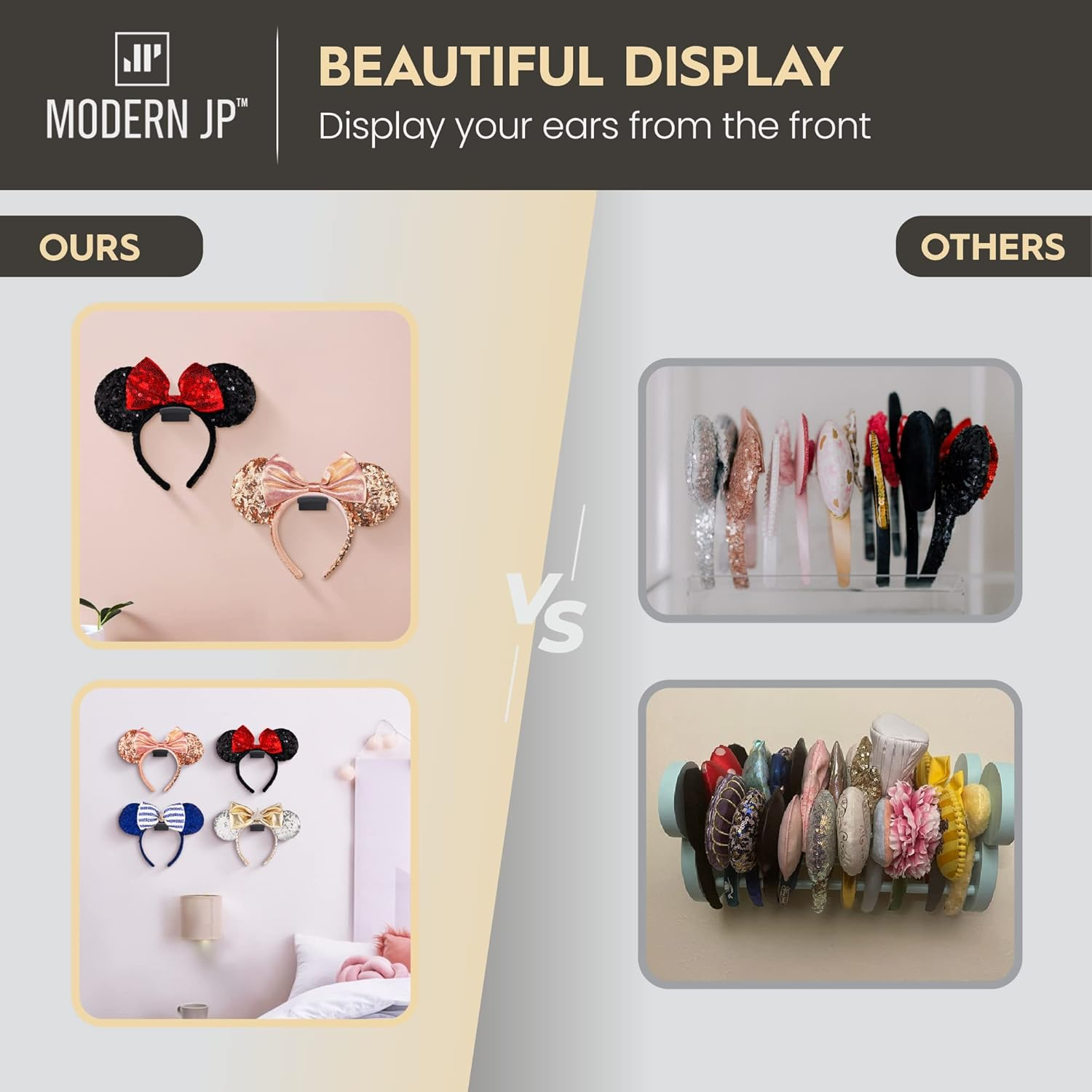 Modern JP Adhesive Hooks for Disney Ears (8-Pack) - Minimalist Disney Ear Holder, No Drilling Headband Holder Design, Strong Hold Headband Organizer - USA Patented, Black - 16, Grey image number 4