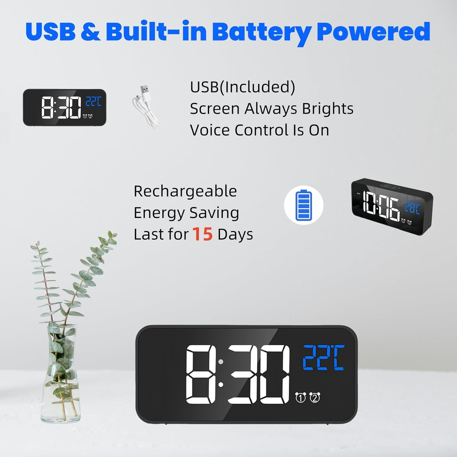 Lecoirrax Upgraded Digital Alarm Clock, Bedside Digital Clock for Kid Adult, Large LED Clock, Snooze, Temperature, 4-Level Brightness, 12/24H, 13 Music USB Rechargeable Clock for Bedroom Office(Black) image number 1