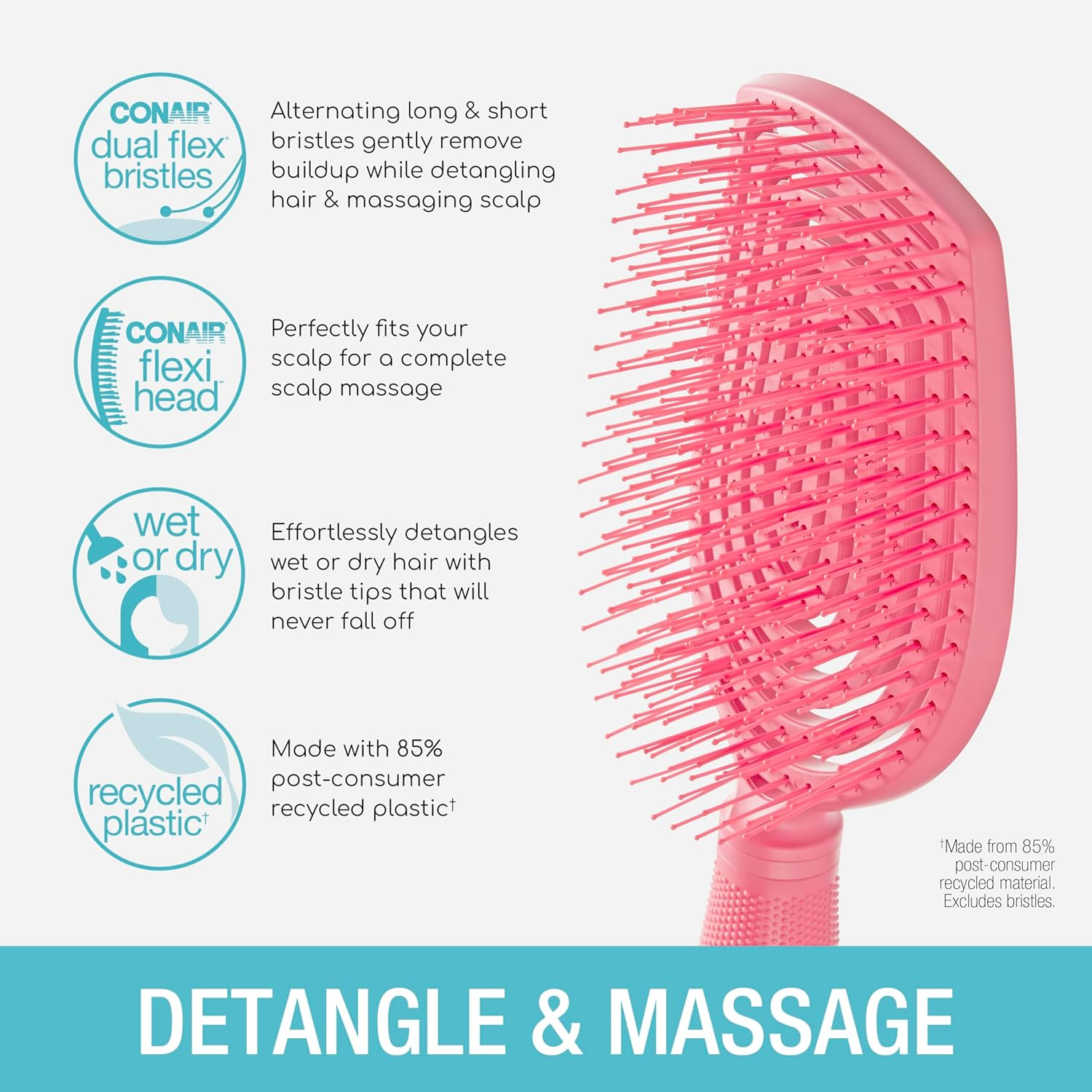Conair Scalp Care Detangling Hairbrush - Curly Hair Brush - Scalp Massager - Hairbrushes for Women & Men - Detangler for All Lengths and Types - Can Use Wet or Dry - Pink Pulse image number 3