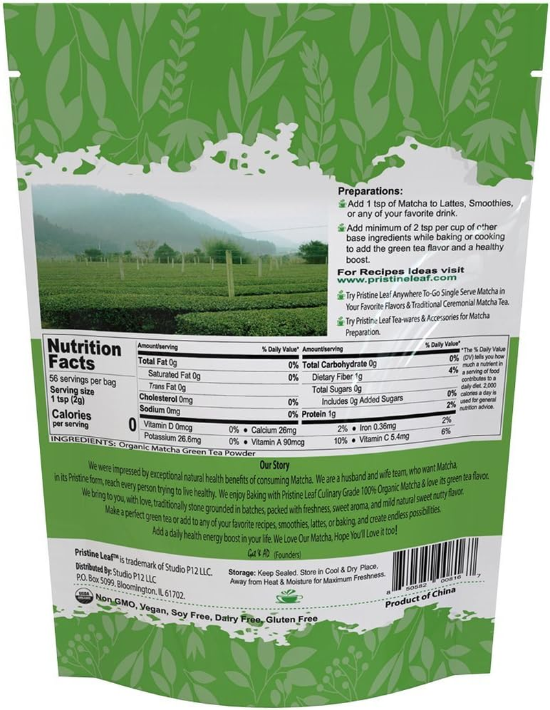 Pristine Leaf | Organic Matcha Green Tea Powder | Culinary Grade 4Oz / 113Grams | Great for Smoothies, Latte, Recipes, Baking, Cooking | Vegan | Calorie Free | Sugar Free | No Additives | USDA Organic image number 1
