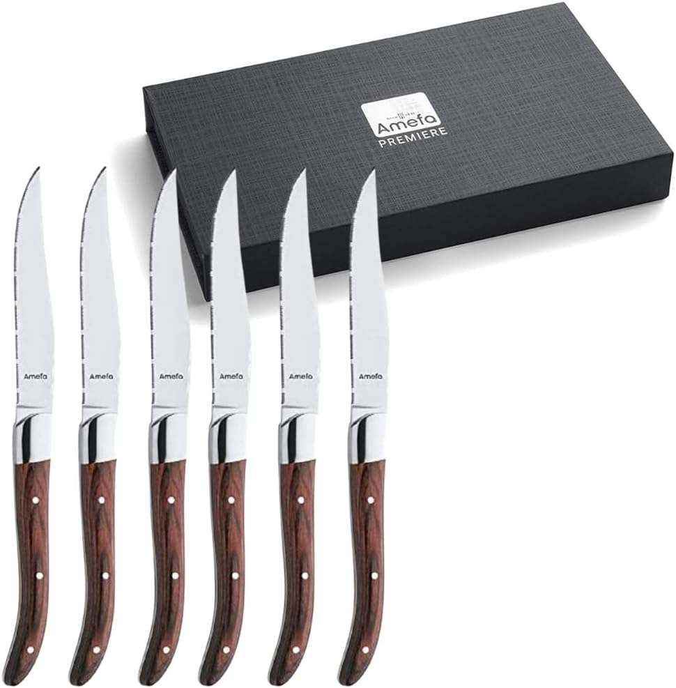 Amefa Lou Laguiole Louis Steak Knife Set, 6 Pieces, White Handles, Micro Serrated Edge with Long-Lasting Sharpness, Super Sharp & Cut, Steak Cutlery, Professional Steak Set