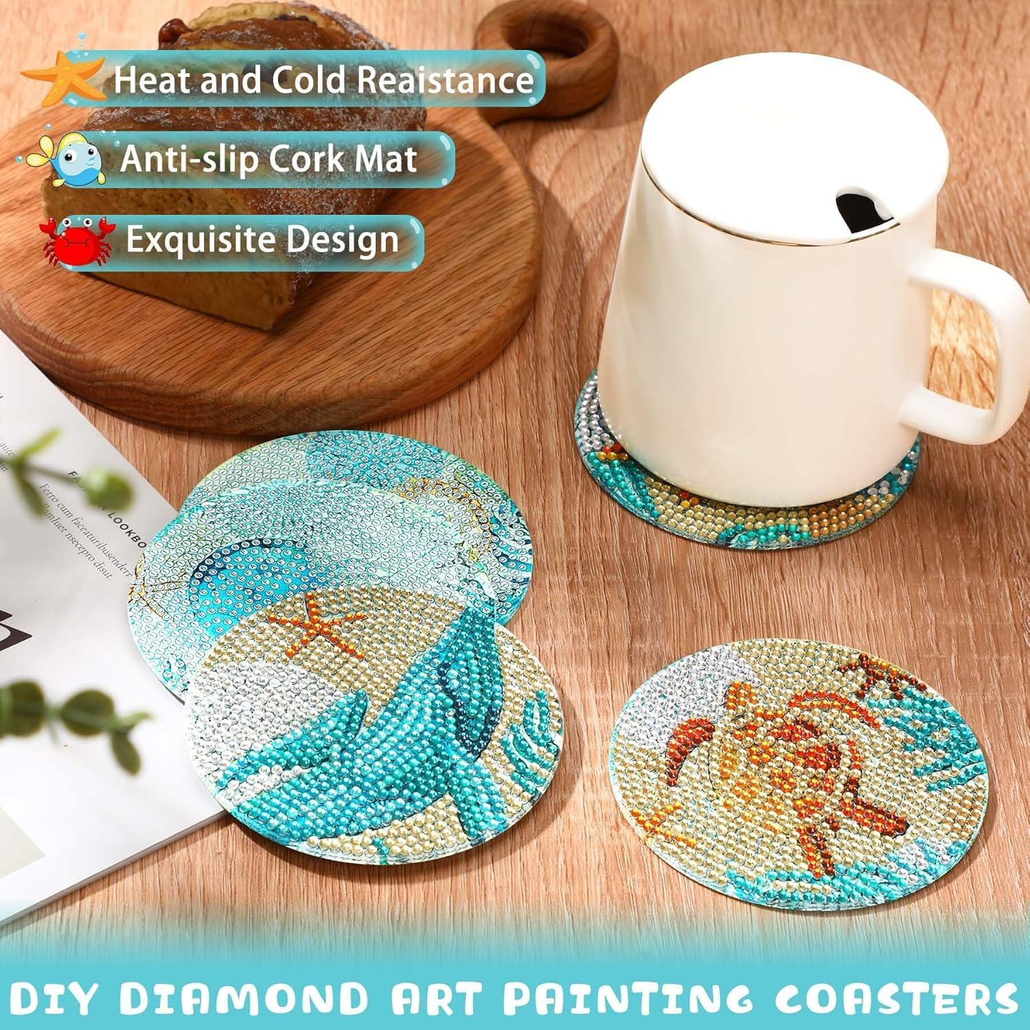 Ocean Diamond Art Painting Coaster Kit, 8Pcs DIY Crafts Kit with Holder, Non Slip Coaster Art Supplies for Adults, Ideal Gift