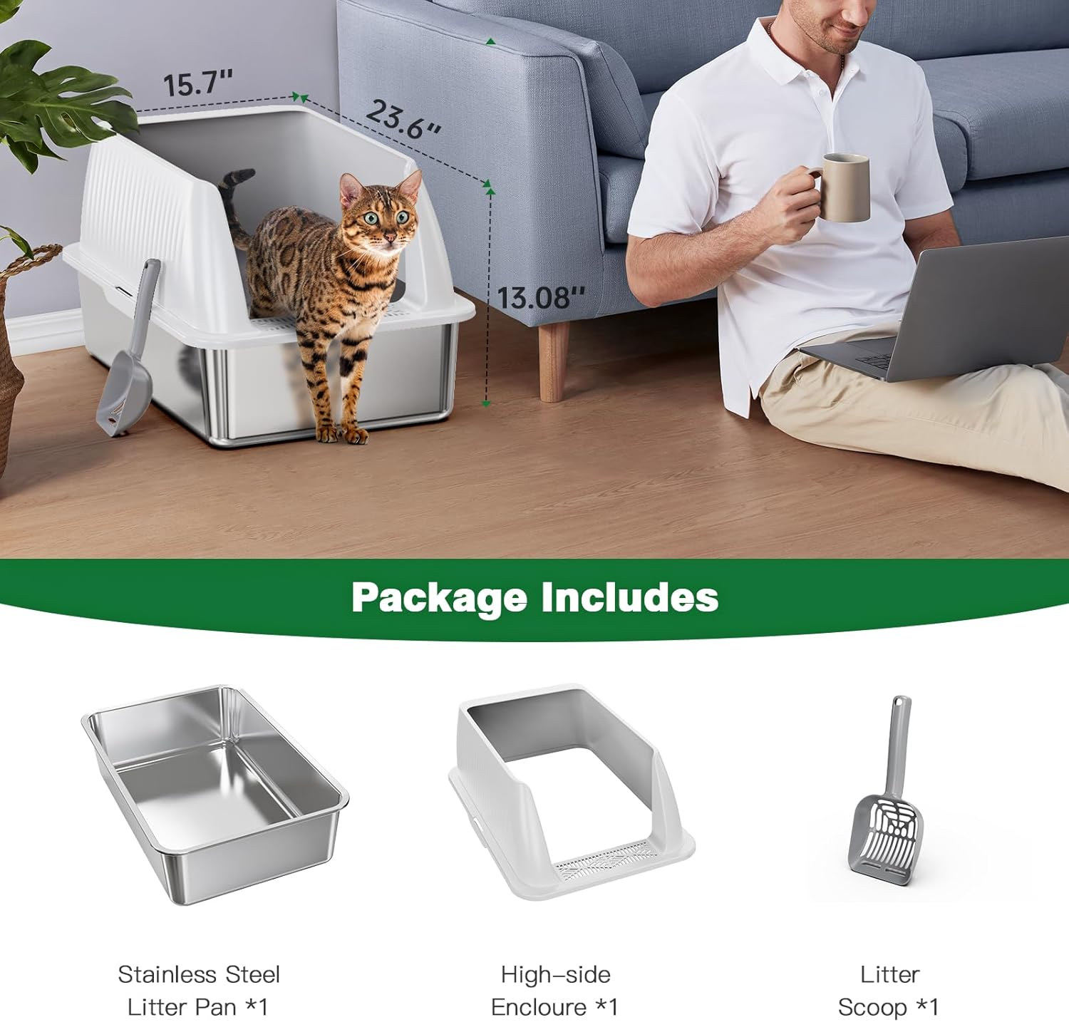 2024 Upgraded Stainless Steel Litter Box for Cats, Durable XXL Metal with Lid & Cat Litter Mat for Easy Cleaning - Designed for Maximum Convenience - Black image number 5