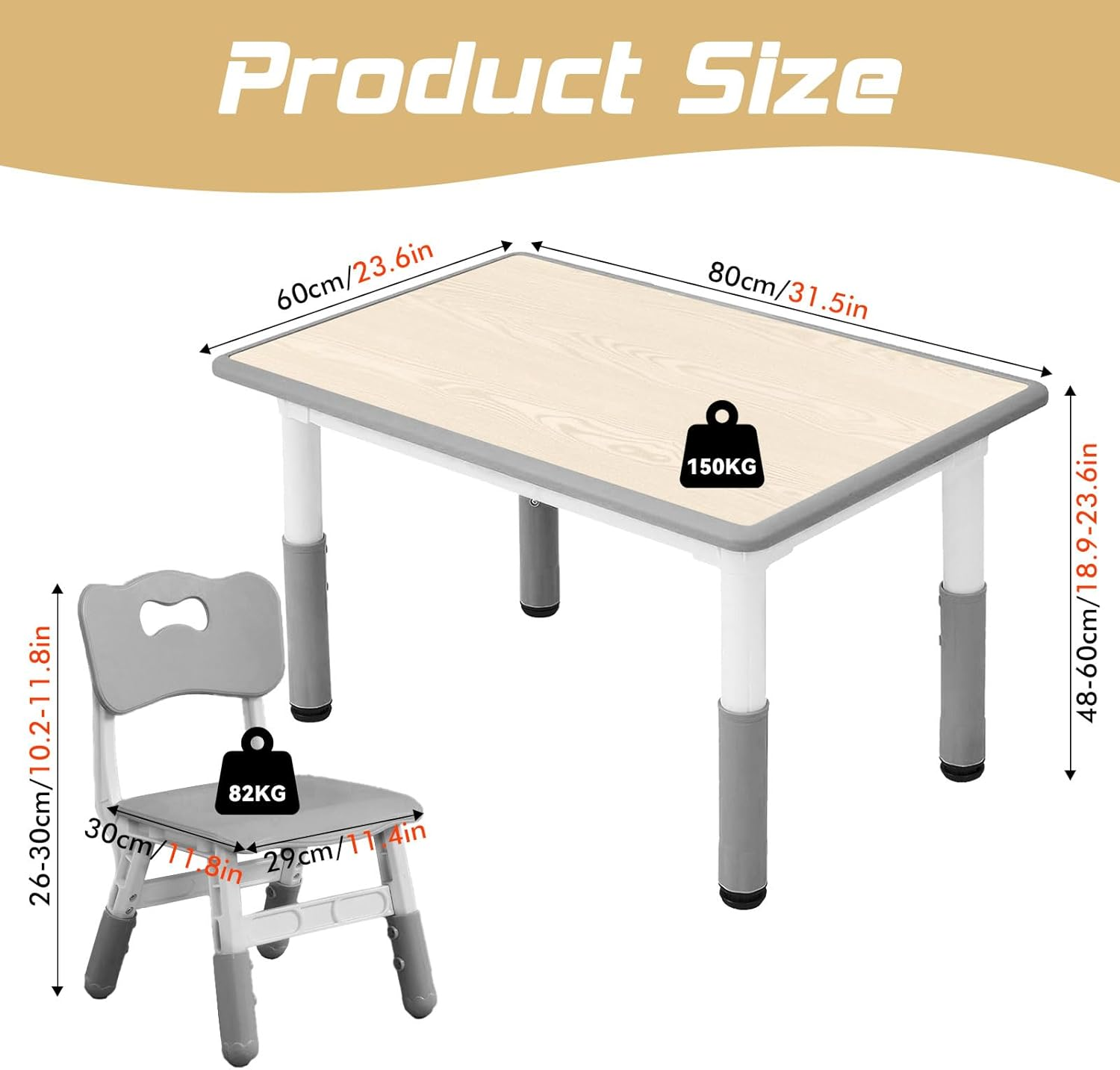 Adjustable Kids Table and 2 Chairs Set, 7-Level Height Table for Kids, Plastic Toddler Desk and Chair Set Ages 2-8, Art Table with 2 Seats, Ergonomic Backrest, Graffiti Surface, Gray, 60 X 80Cm image number 5