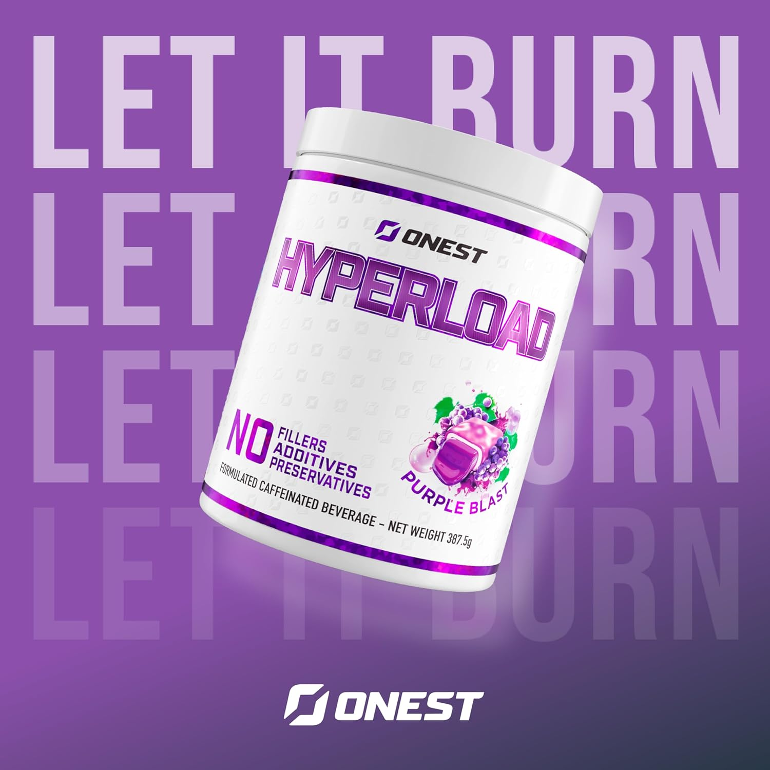 Onest Hyperload Pre Workout Supplements 387.5G | 25 Servings Workout Powder for Men & Women | Enhances Muscle Power & Energy | Caffeine, L-Citrulline Malate, Alanine, L-Theanine Sports Drink Powder (Hyperload, Purple Blast Flavour)