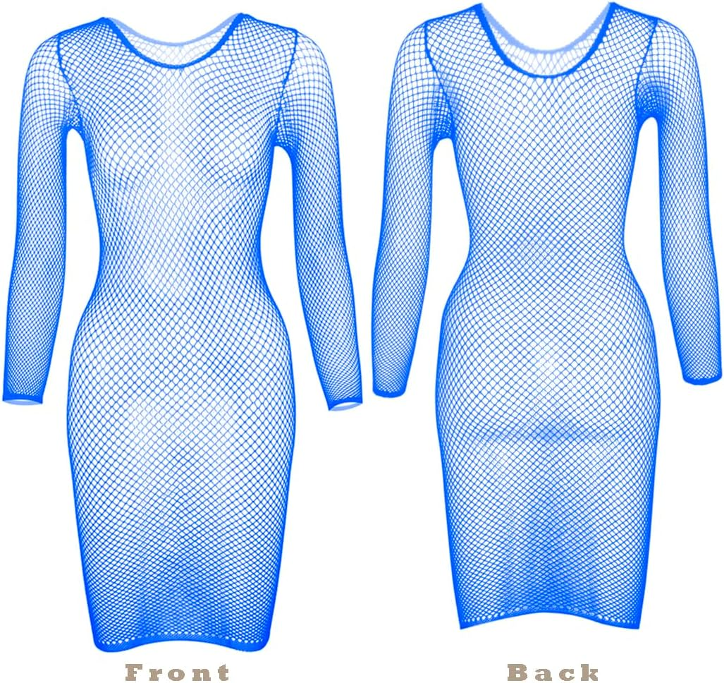 Women'S Fishnet Beach Cover up Long Sleeve Crew Neck Mesh Dress Tops Holiday Party Rave Outfits - Black image number 6