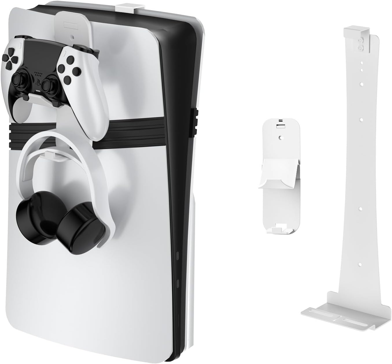 Wall Mount for PS5/ PS5 Slim/ PS5 Pro Console, Sturdy Steel Vertical Wall Mount Bracket Kit with Controller Holder & Headphone Storage Hanger for PS5 Slim Pro (White)