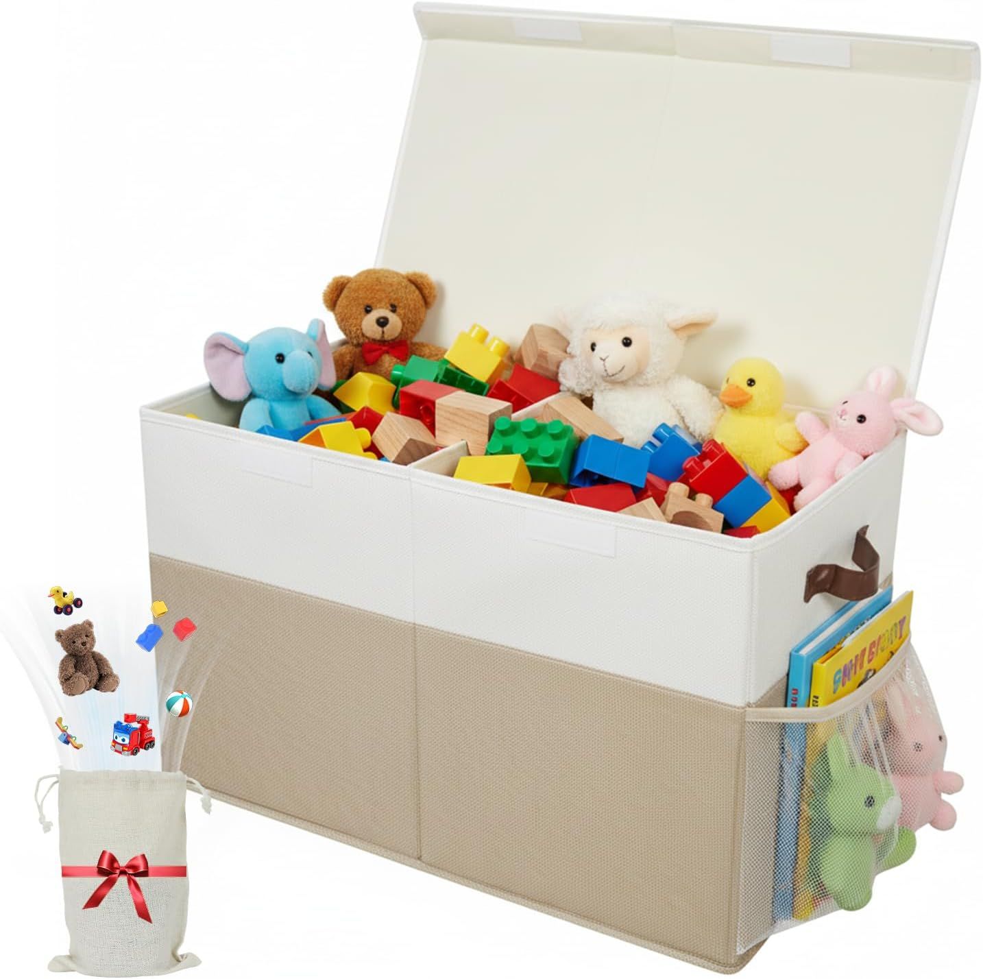 LIWEGHT Large Storage Box with Lid Collapsible Sturdy Baby Storage Rganizer Chest Bins Basket with Divider for Kids,Nursery,Bedroom,Boys, Girls,Playroom,63.5X33X40.6Cm(Beige&White)