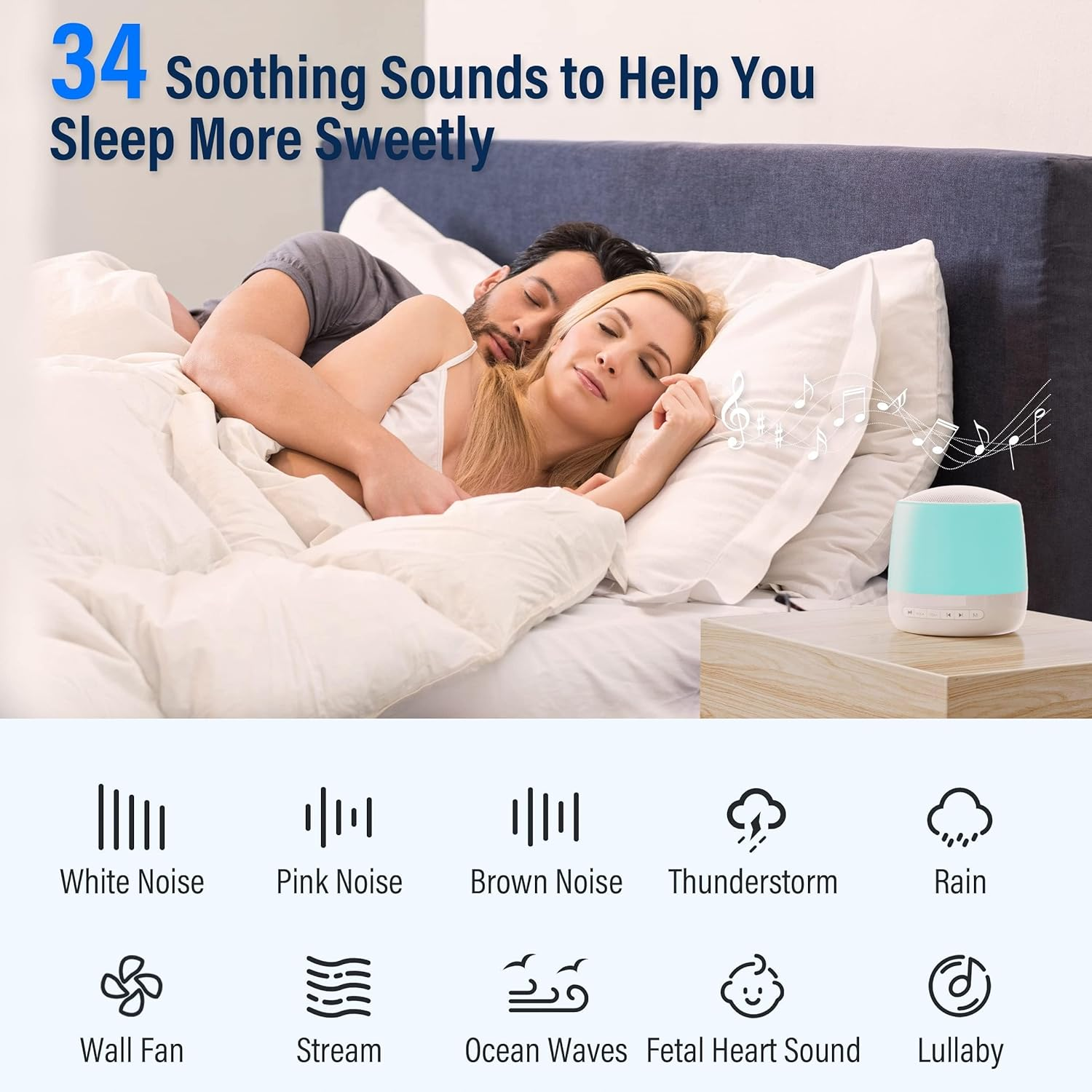 Baby Sound Machine with Night Light, White Noise Machine for Kids and Adults, 34 Soothing Sounds, Customizable Favorites, APP Remote Control, Alarm Clock, Child Lock, Scheduled Sleep Routine