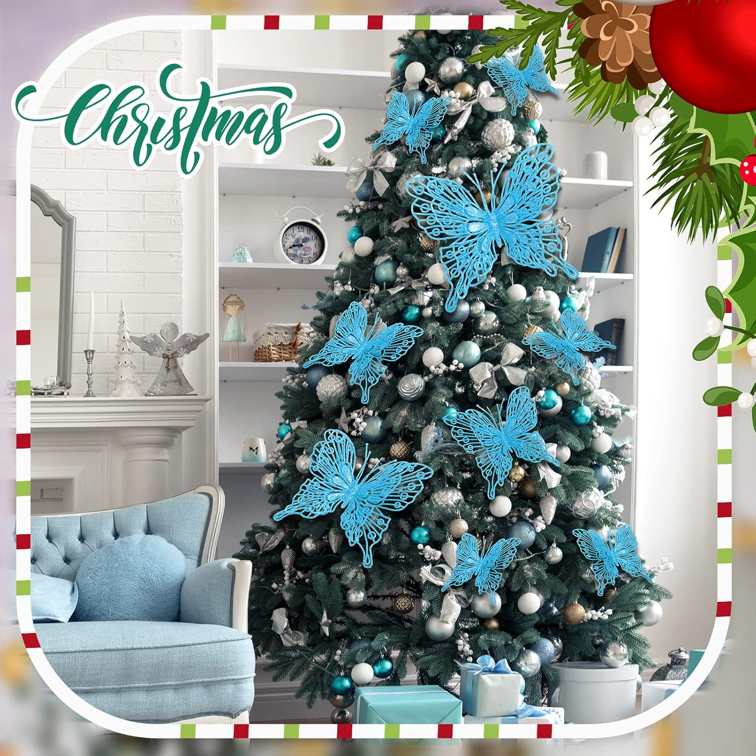 Charniol 36 Pcs 3 Size Christmas Tree Butterfly Decorations Glitter Hollow Butterfly Ornaments Hanging Decorations with Clips for Holiday Crafts Christmas Tree (Blue) image number 5