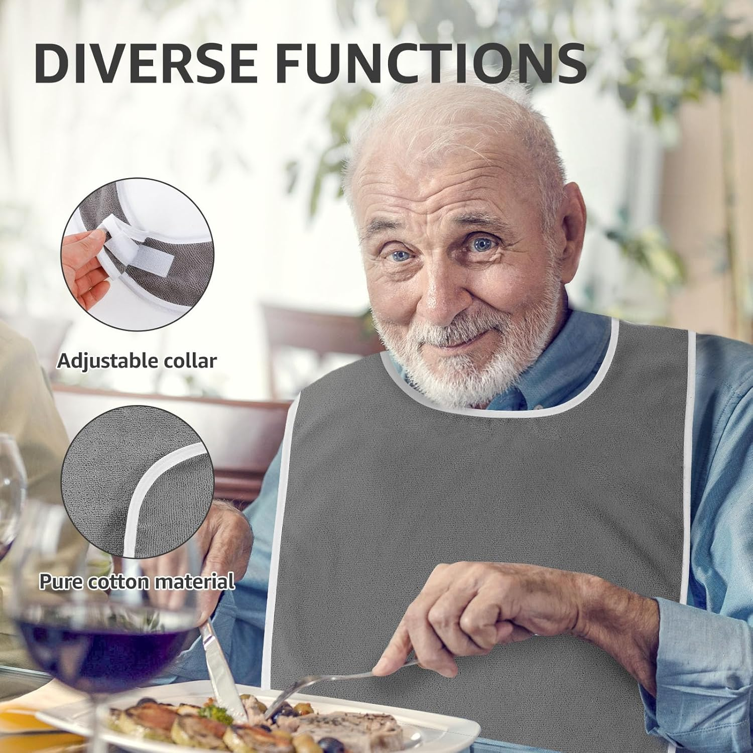 4 Pack Adult Bibs - Soft Polyester Terry Bibs, Adjustable Washable Drool Bibs for Adults Reusable Towel Bibs for Women Men Elderly Senior image number 3