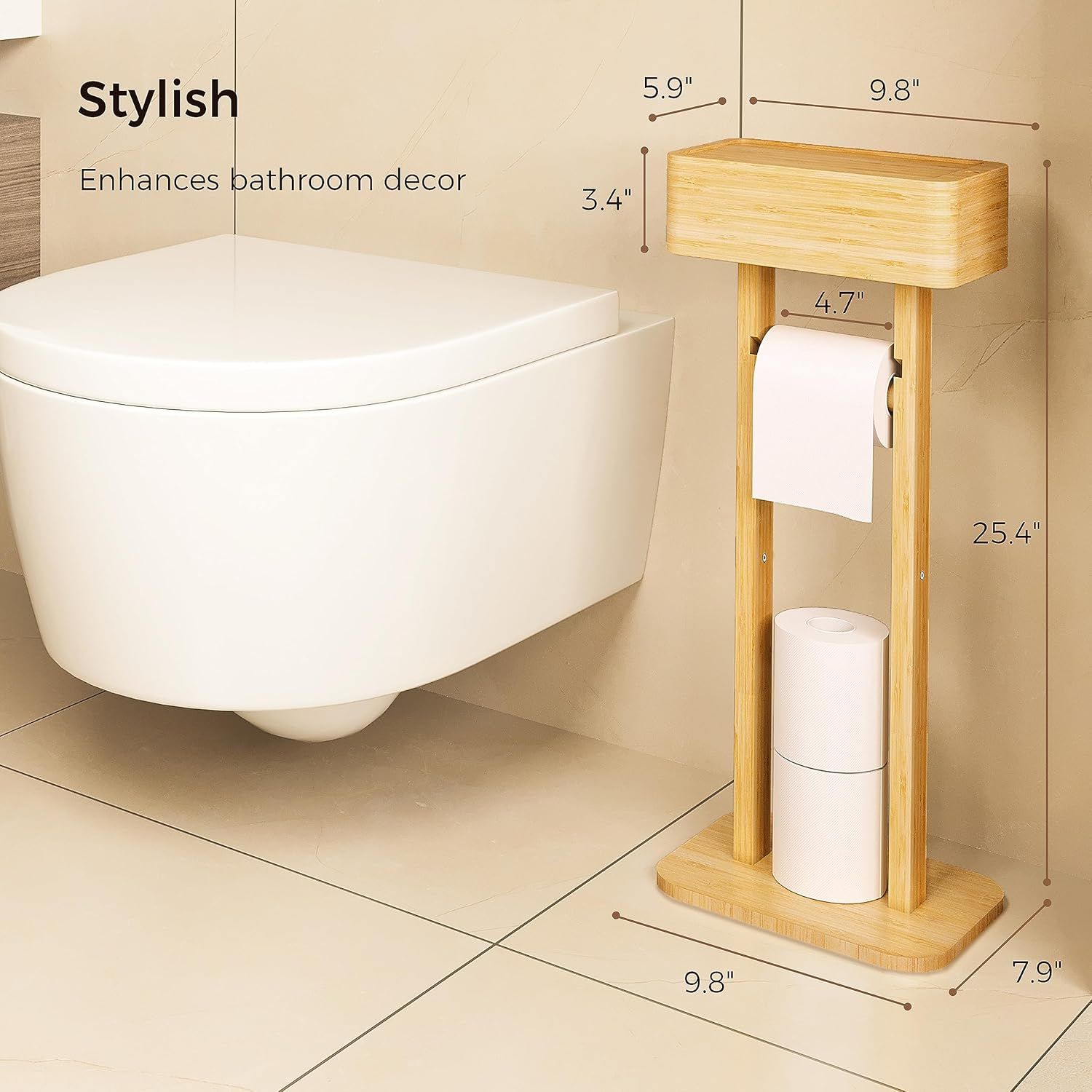 Wealone 4-In-1 Toilet Paper Holder Stand with Storage Shelf Box, 360&deg; Rotating Bamboo Free Standing Toilet Tissue Roll, Toilet Wipes Dispenser Organizer Desktop for Bathroom Decor (Patented)