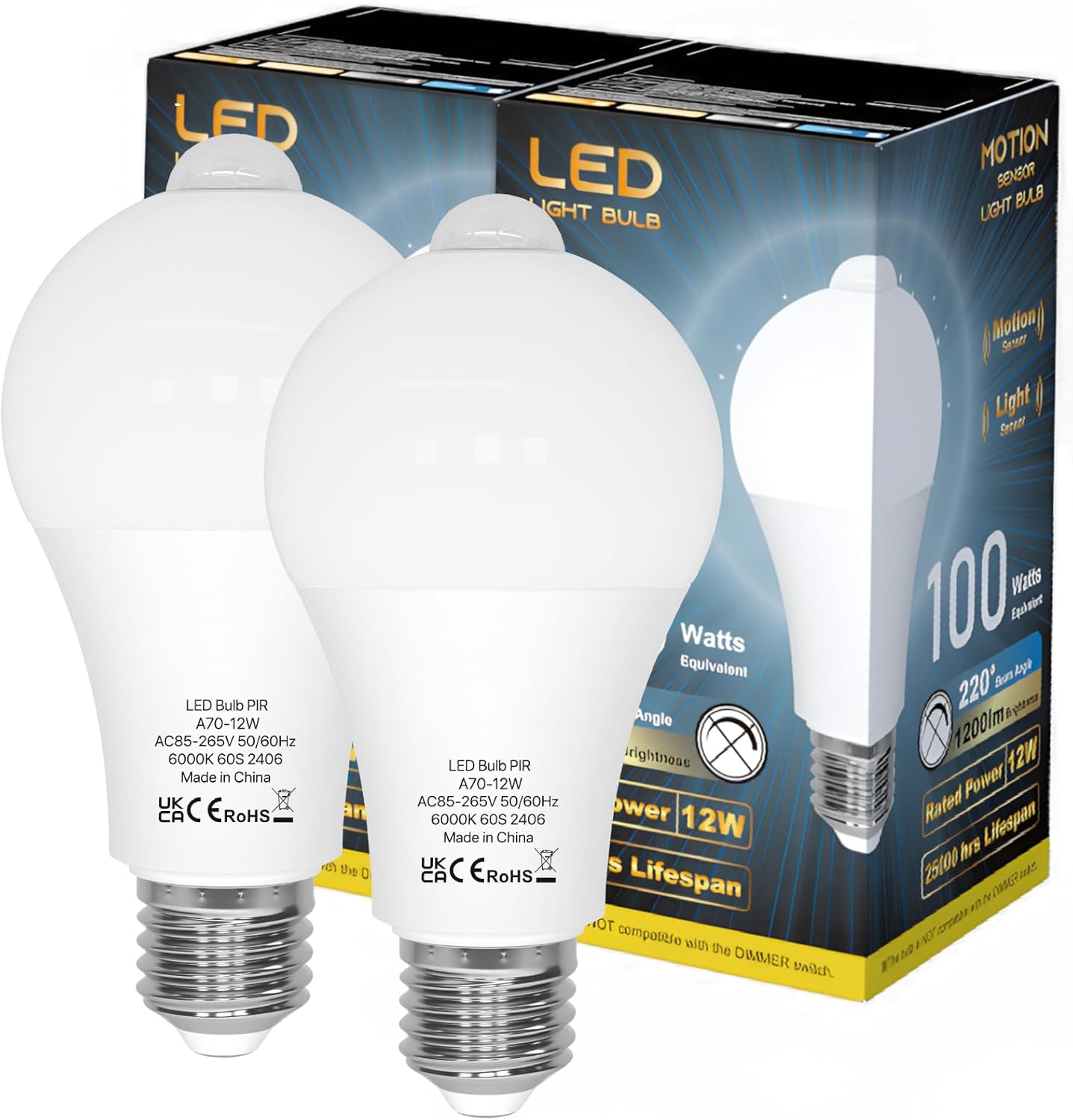 LUTW Motion Sensor Light Bulb, 12W E27 Screw Bulb Cool White 6000K, Equivalent to 100W Incandescent, 900LM Auto On/Off Indoor Outdoor Security LED Bulb for Garage, Stairs, Hallway Basement, 2 Pack