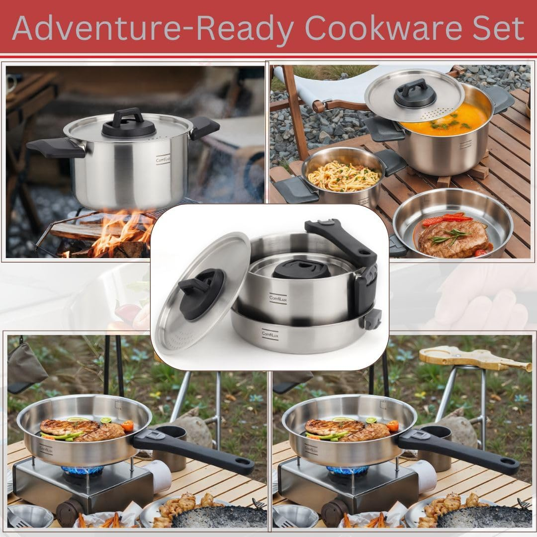Stainless Steel Camping Cookware Set, 6 Pieces Camping Pots and Pans Set - for Backpacking, Camp, and Kitchen image number 3