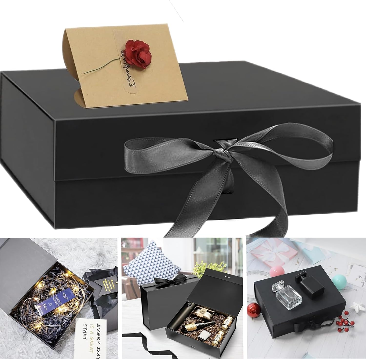MAIHUO Black Gift Boxs, Magnetic Box with Lid, 22 X 16 X 8.8 Cm Cardstock Gifts Box,With Ribbon and Rose Card image number 1