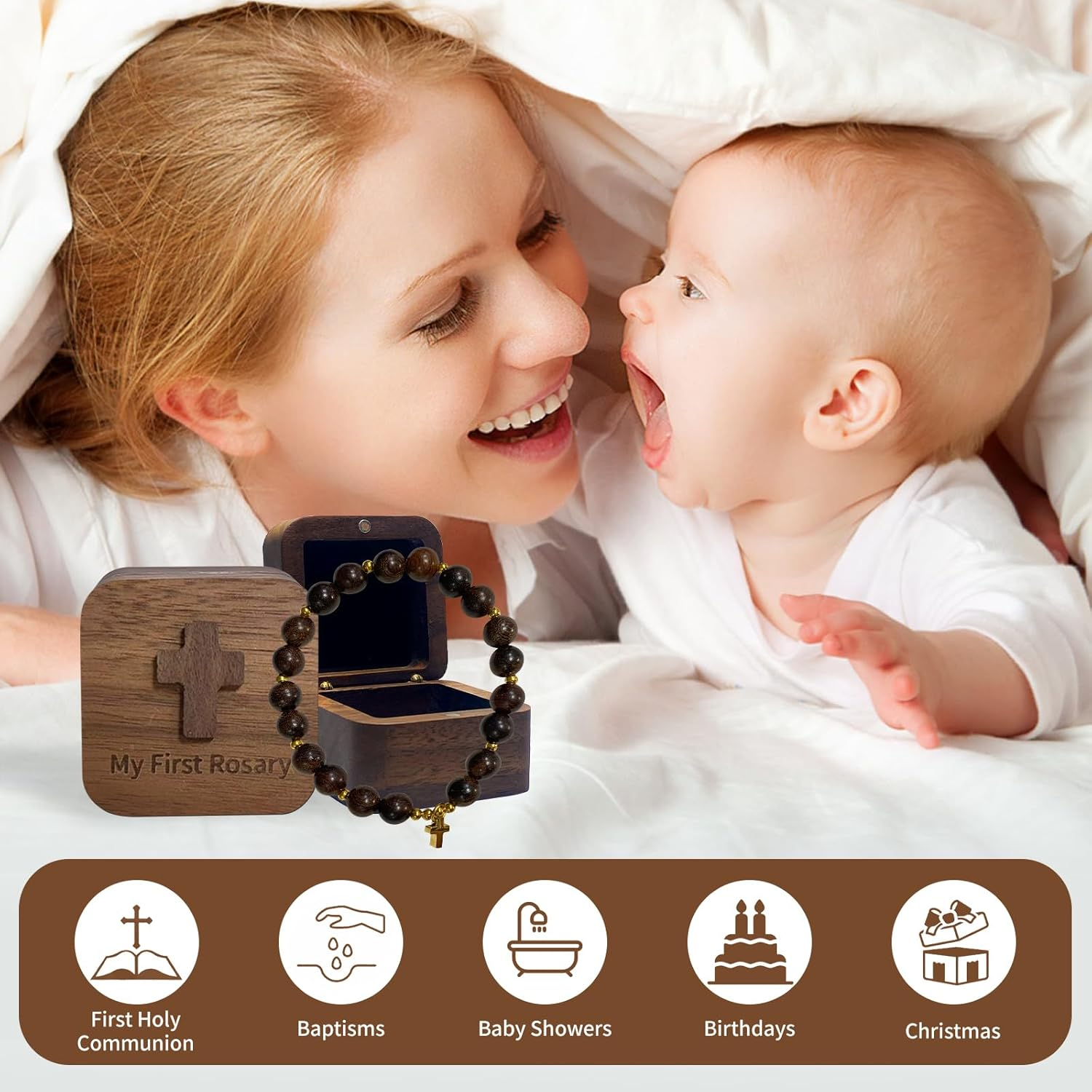 My First Rosary with Walnut Wood Keepsake Box, Catholic Baptism Gifts, Baby Rosary, Shower Rosary Beads, First Holy Communion Gifts for Boy and Girl image number 4