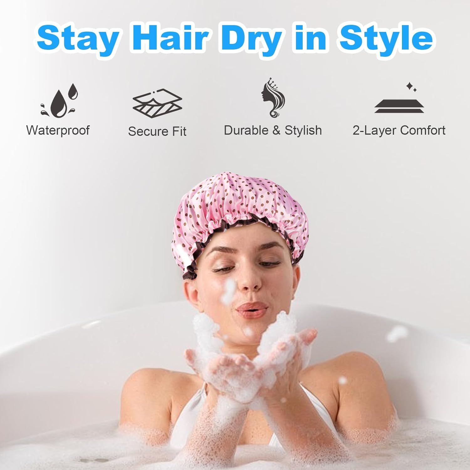 Reusable Shower Cap for Women - Extra Large Elastic Hair Bath Cap, Double Waterproof Layers for Bathing/Swimming, Eco-Friendly & Adjustable（4 Pack） image number 4