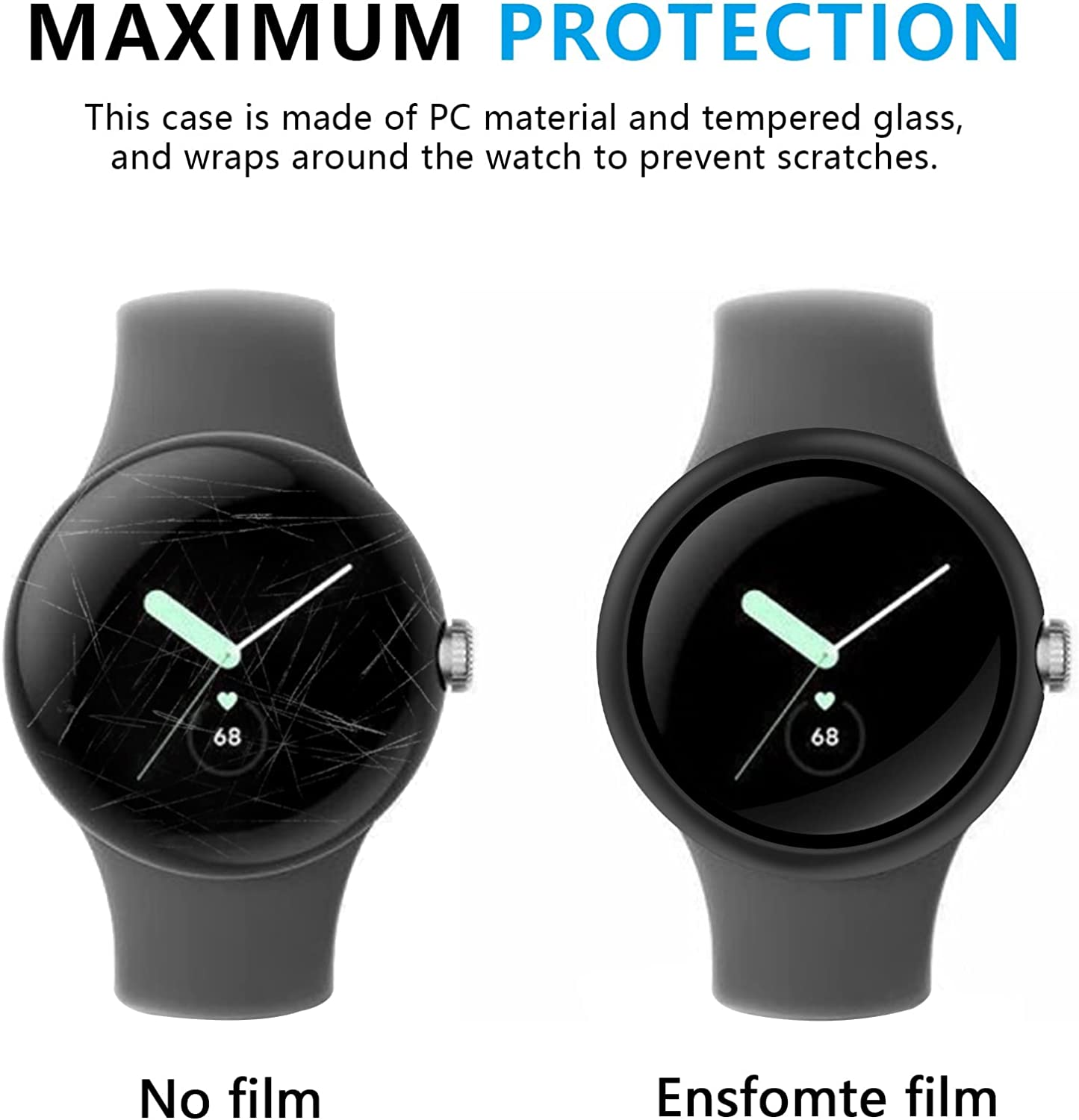 2 Pack ZANZER Hard Case Compatible for Google Pixel Watch 2/Pixel Watch 1 with Tempered Glass Screen Protector, Full Cover Hard PC Slim Scratch Resistant Bumper Cover for Google Black+Black