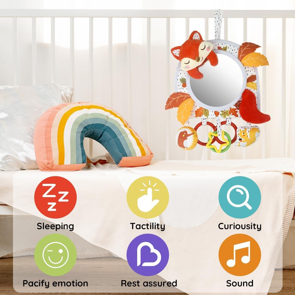 Baby Activity Hanging Toy with In-Sight Car Mirror, Adjustable for Car Seats, Strollers, Cribs, and Tummy Time, with Rattles, Crinkle Sounds, and Animal Design (Fox)