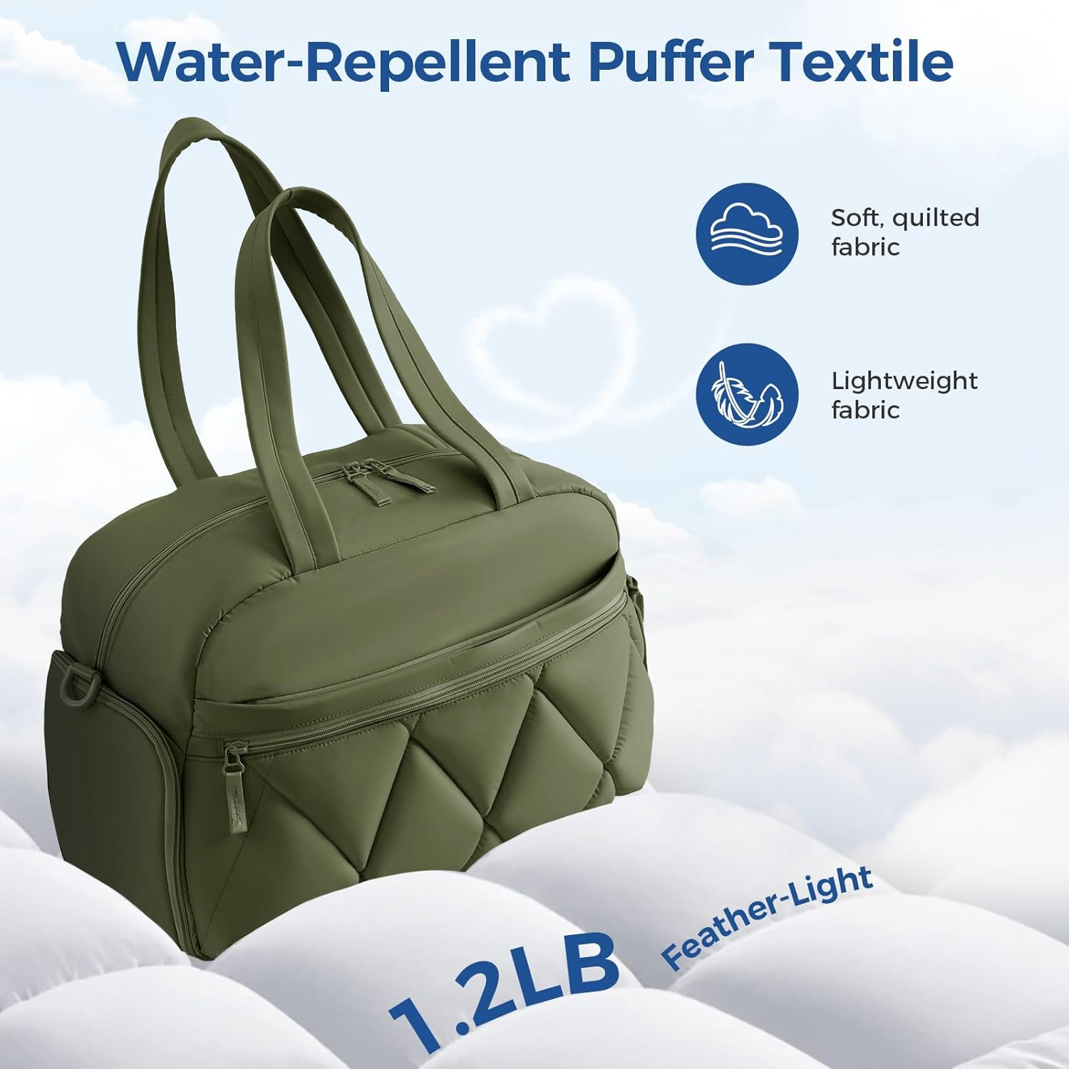 Lekespring Gym Bag for Women, Puffer Travel Duffle Bag with Shoes Compartment & Wet Pocket, Carry on Tote Bag for Weekender, Overnight, Sport, Green, Medium, Lightweight image number 3