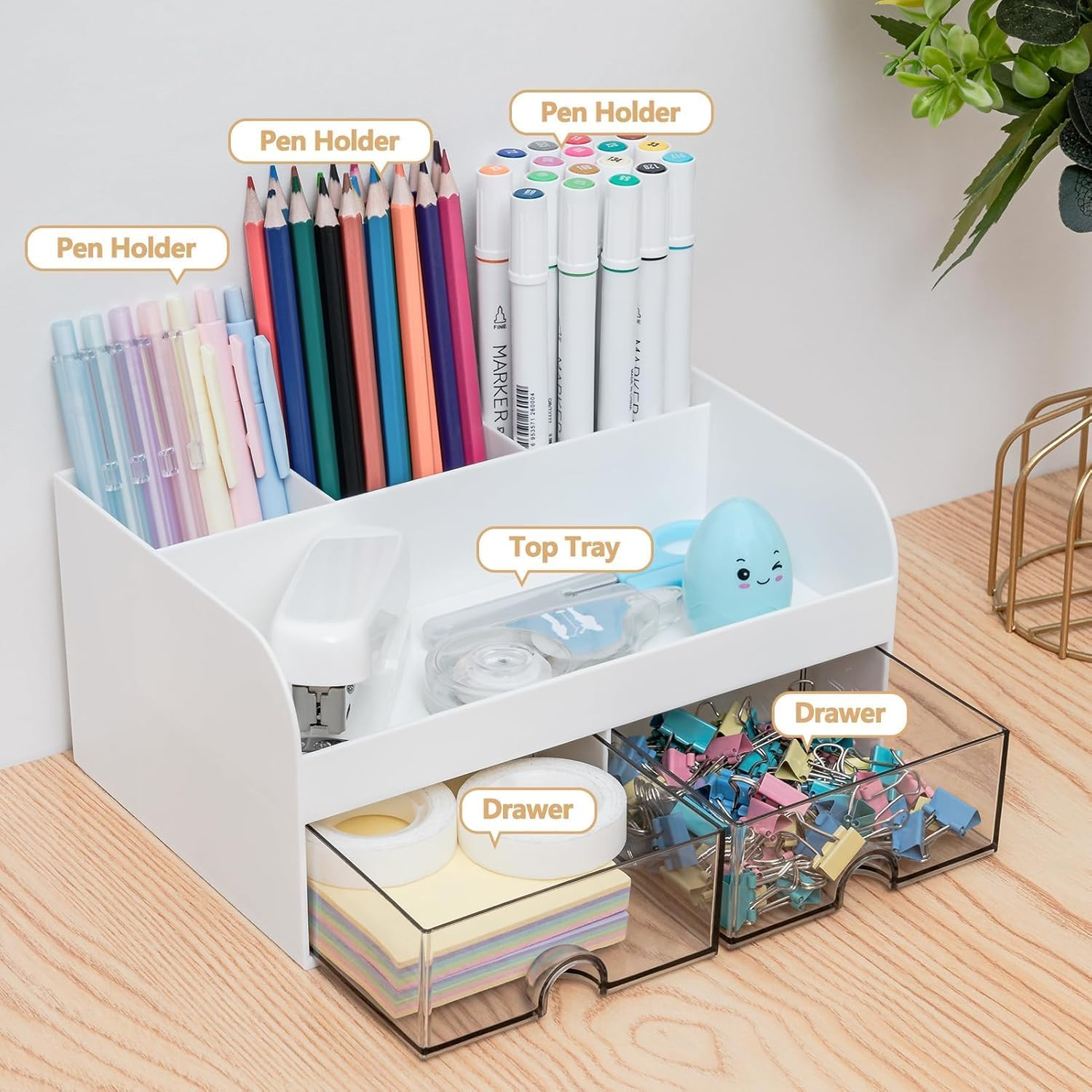 Desk Organizer with 2 Drawer, Multi-Functional Pencil Pen Holder for Desk, Desk Organizers and Storage with 6 Compartments, Desktop Organizer for Office Home Art Supplies (White)