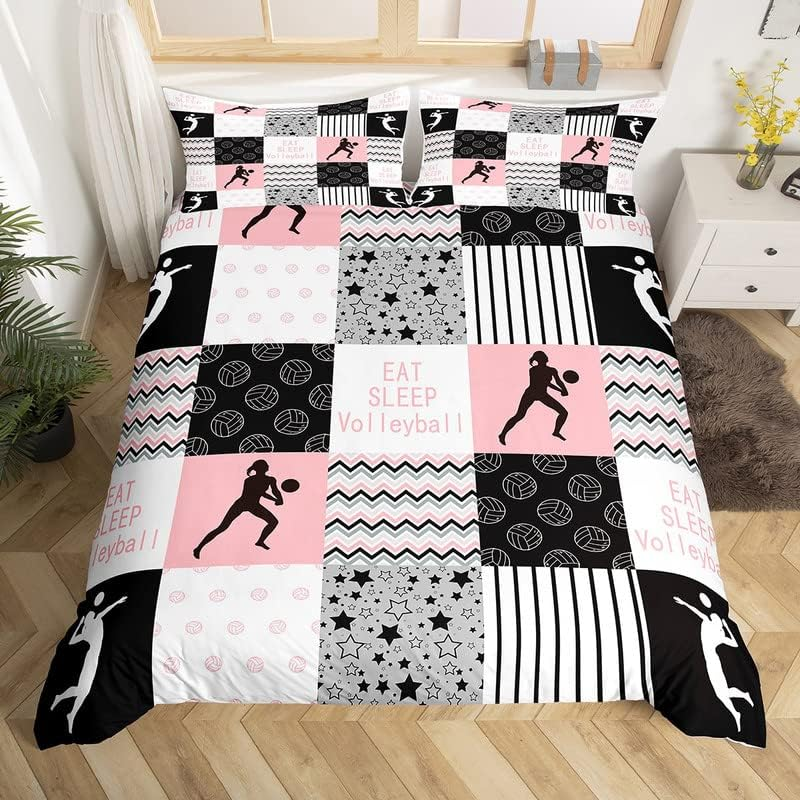 Loussiesd Volleyball Bed Set Sports Game Bedding Set 135 X 200 Cm Volleyball Player Duvet Cover Set for Children Microfibre Pink Black White Geometry Duvet Cover Decor Bedding image number 3