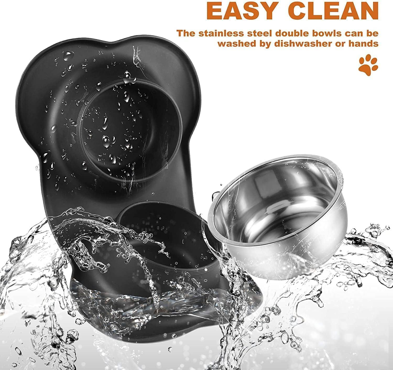 Mumoo Bear Dog Cat Bowls for Food and Water, Upgrade Cat Food Bowls for Indoor Cats, Premium Removable Stainless Steel Double Bowls with Silicone Anti-Slip Pads, Water Bowl for Cats and Dog -Black - Grey image number 6