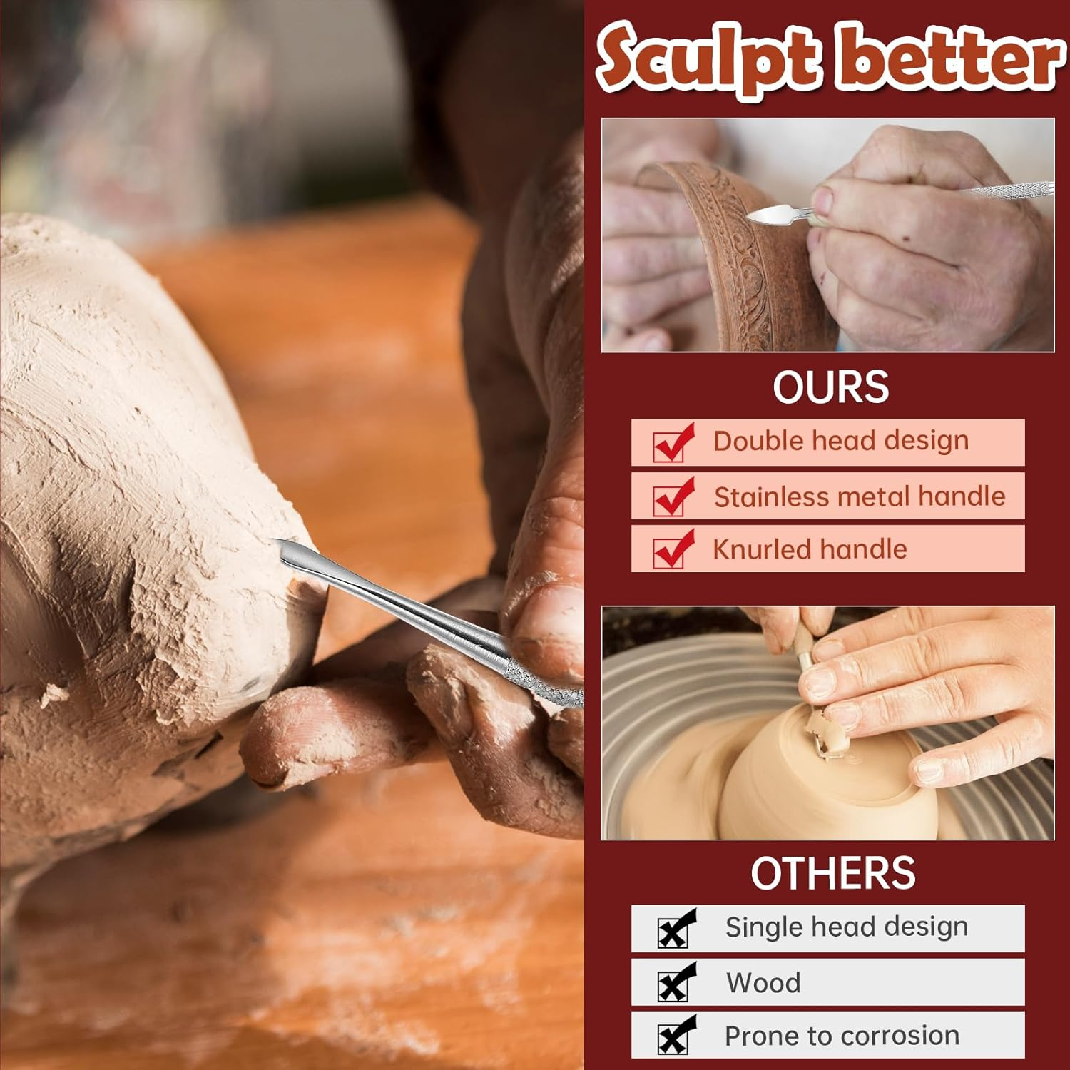 Wax Carving Tools Set, Stainless Steel Clay Sculpting Tools Double-Ended Pottery Carving Tools Wax Modeling Tools Dental Carvers Tools Wax Accessories Modeling Sculpting and Shaping(3 Styles) image number 2